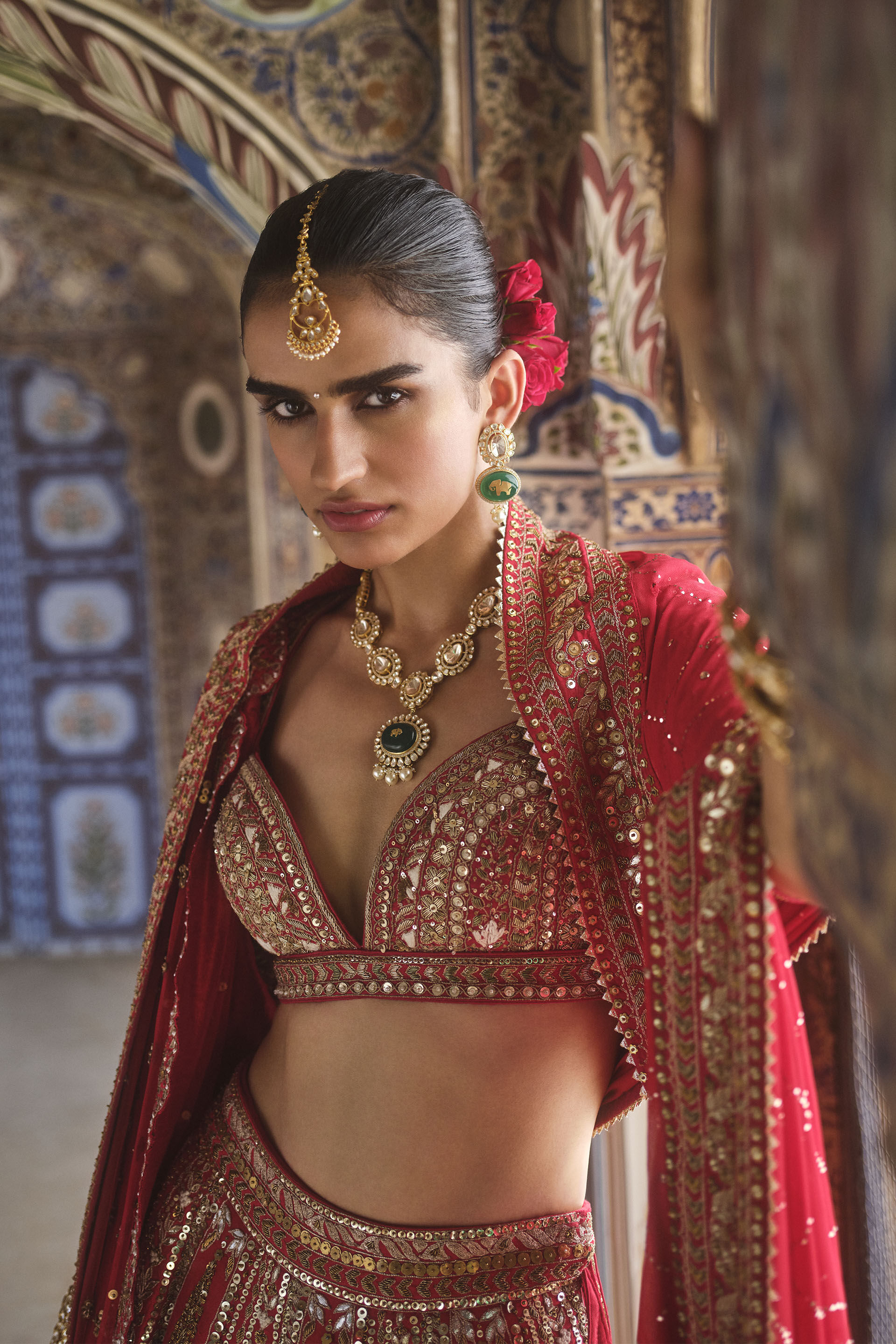 Mehreen Embroidered Zardozi Silk Lehenga Set Red