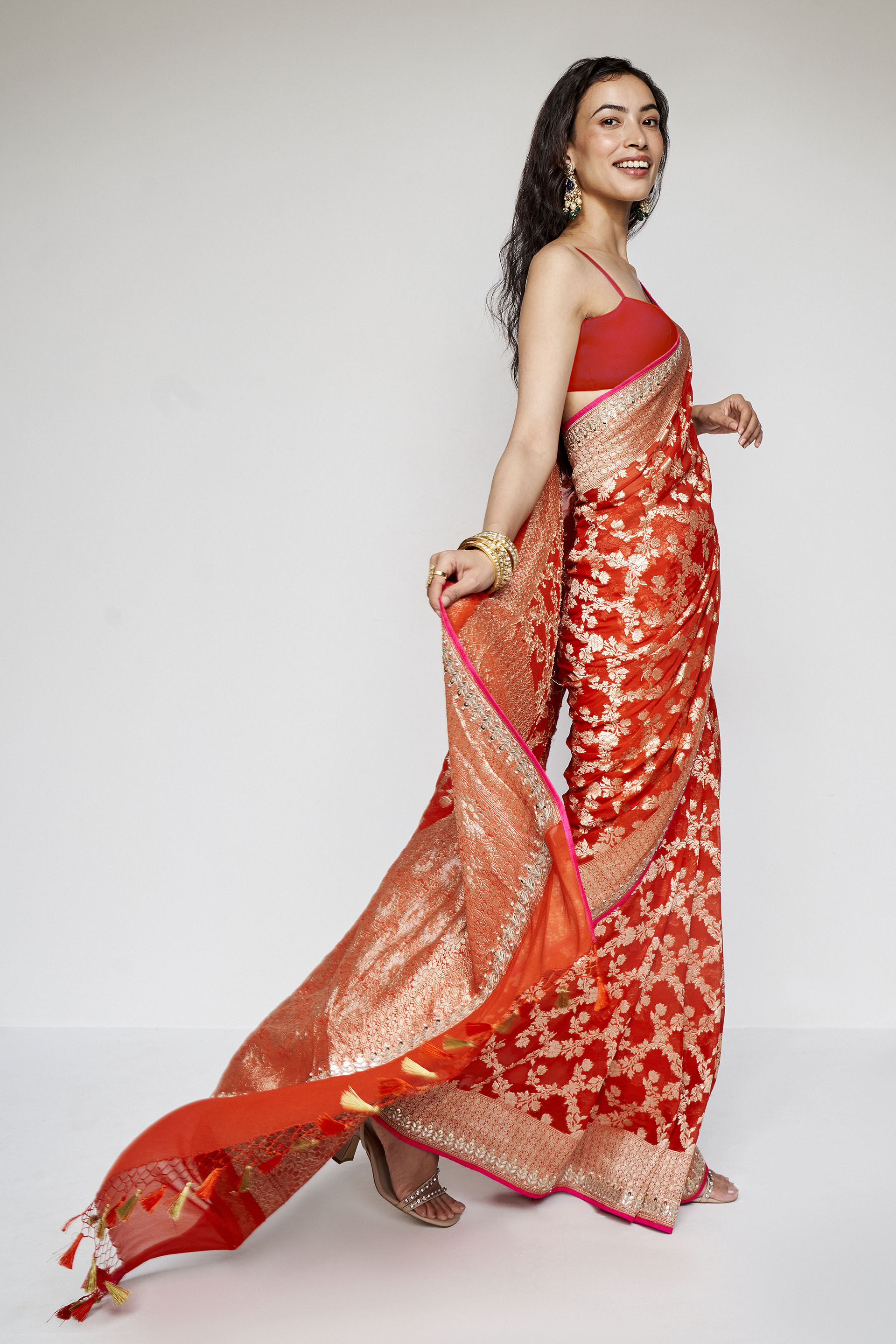 Nazaha Benarasi Silk Embroidered Saree - Orange, Orange, image 2