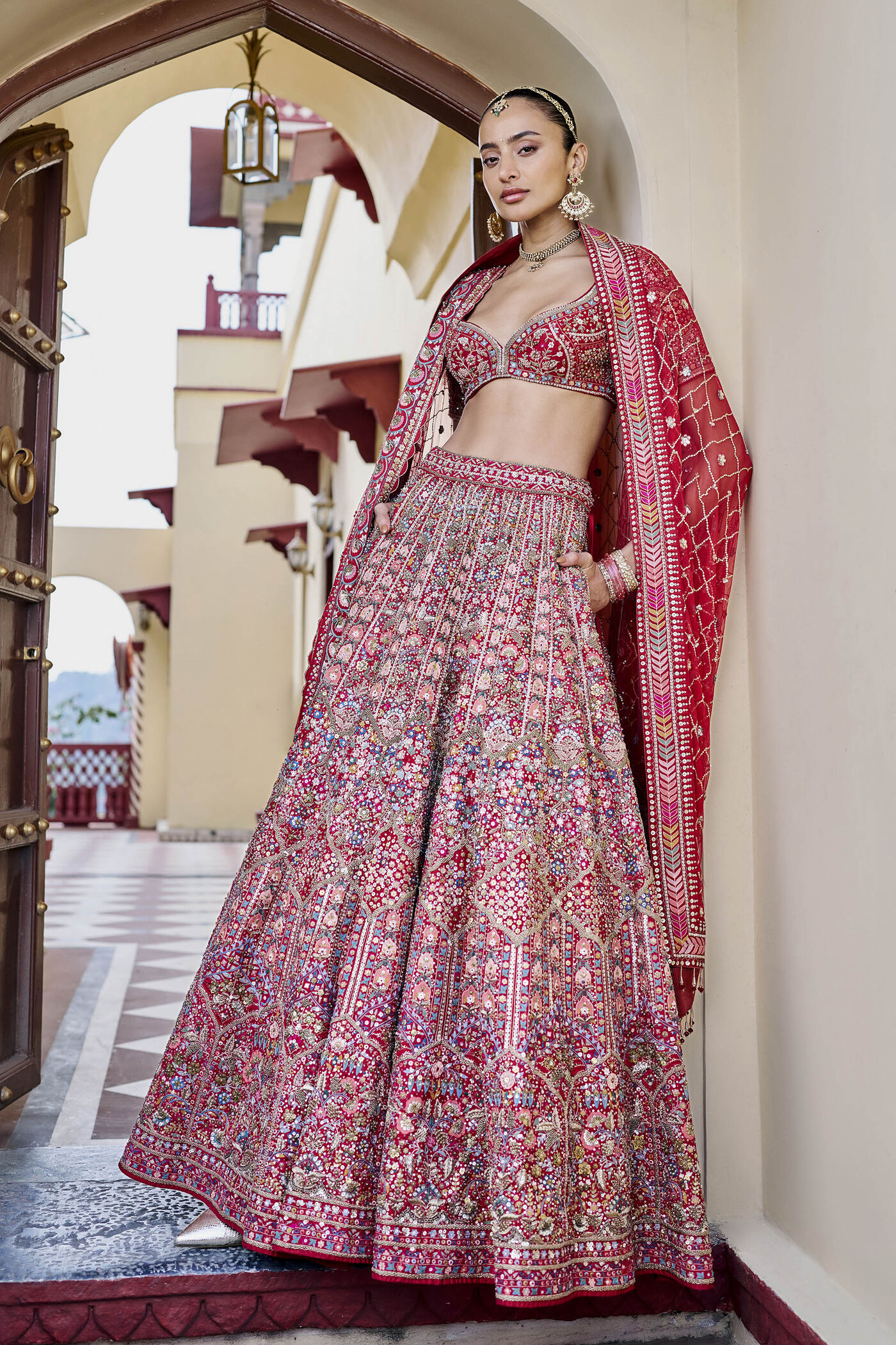 Embrace Embroidered Zardozi Silk Lehenga Set - Red