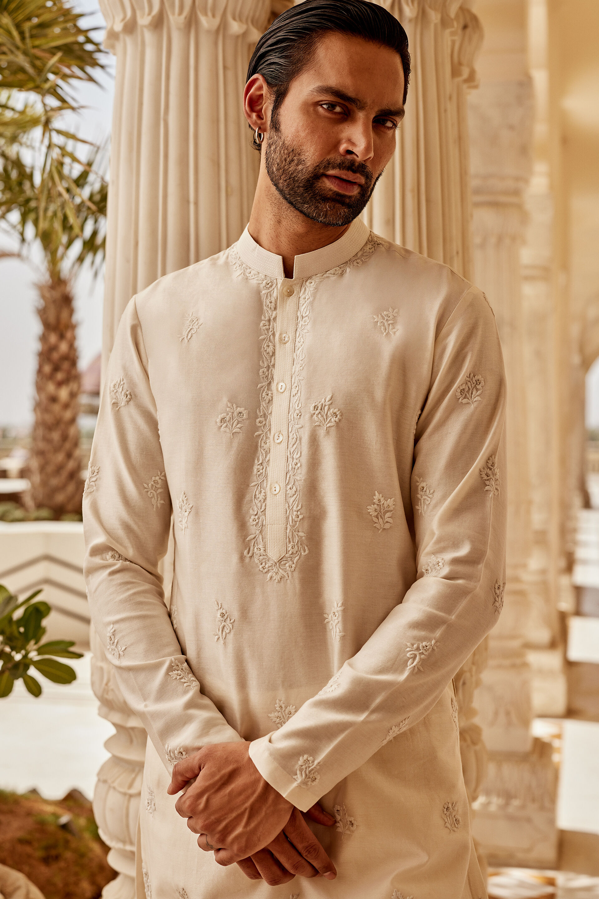 Ekaj Embroidered Silk Kurta - Ivory, Ivory, image 3