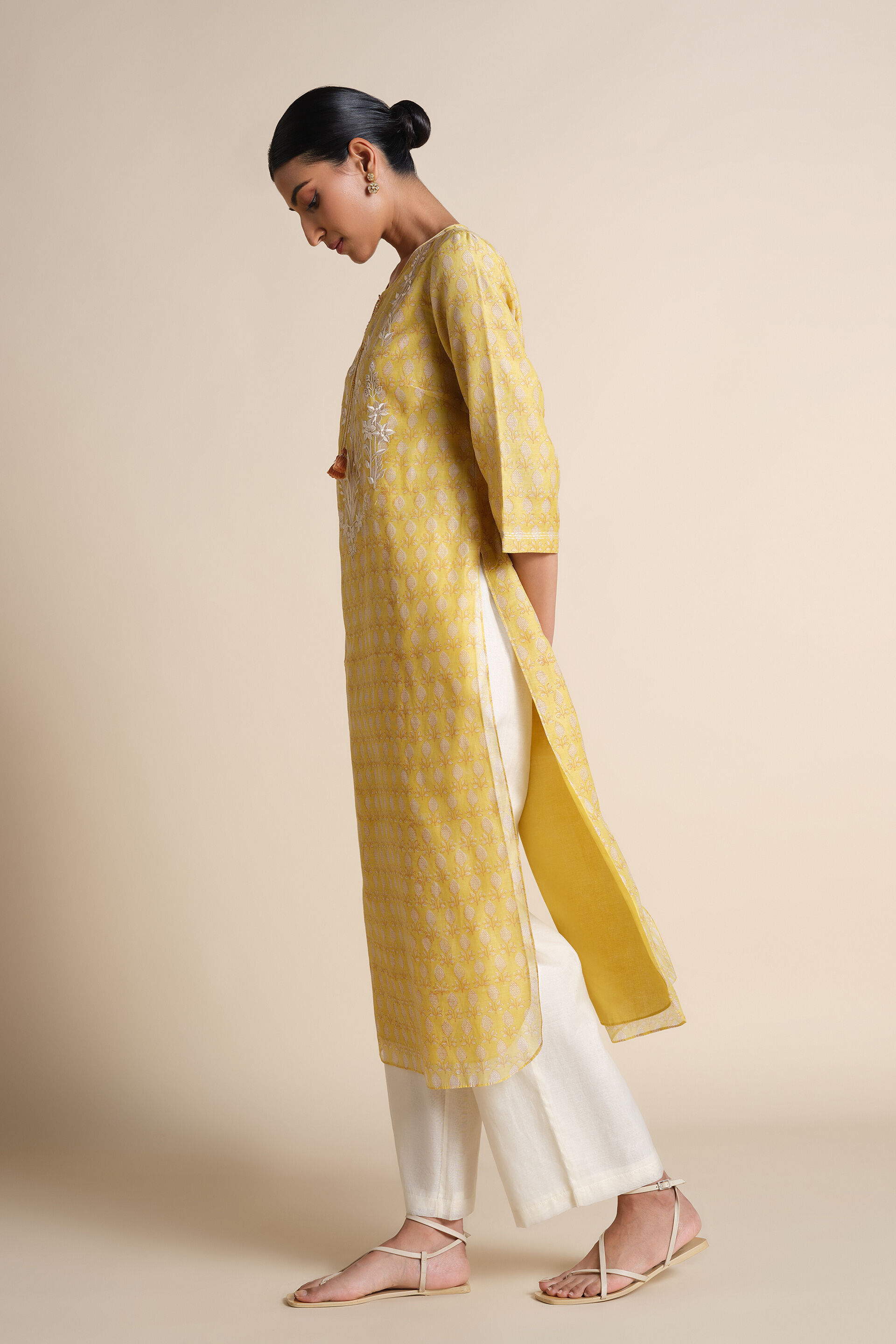 Ekara Embroidered Mul Kurta - Yellow