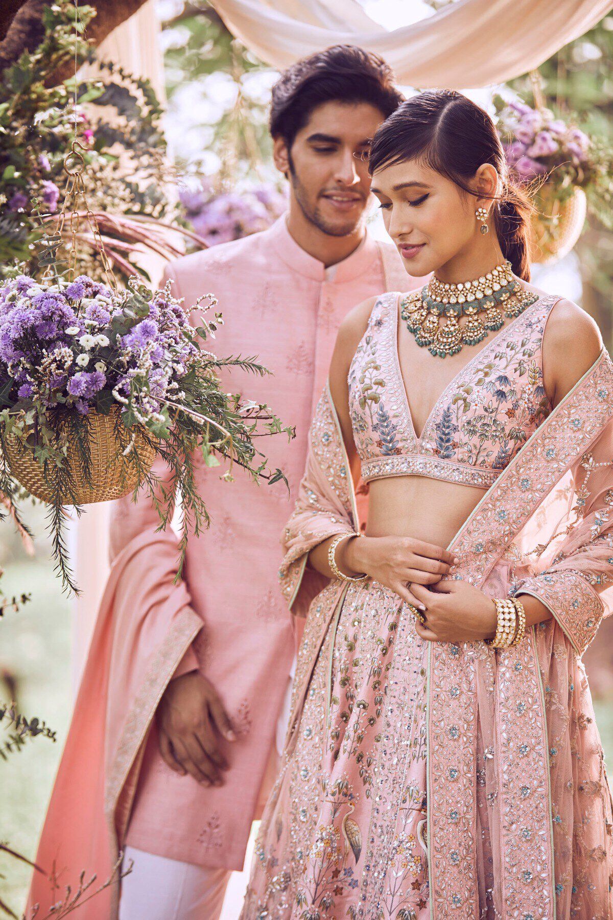 tinasinc #couplegoals #couple #2020 #bride #groom #simple #engagement  #wedding #lenga #pink #gold #pinkandgold #sherwani #gold #cream… | Instagram