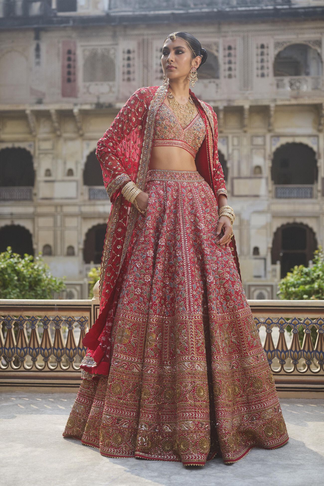 Adhyavi Embroidered Zardozi Silk Lehenga Set - Red, Red, image 1