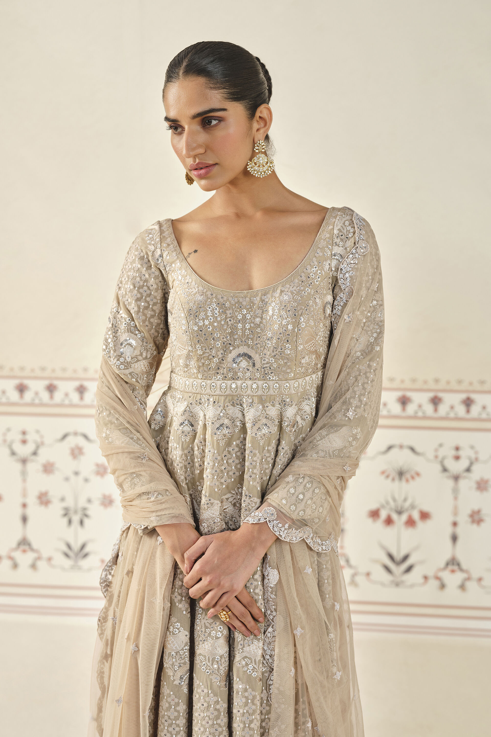 Rafah Embroidered Anarkali Set Nude