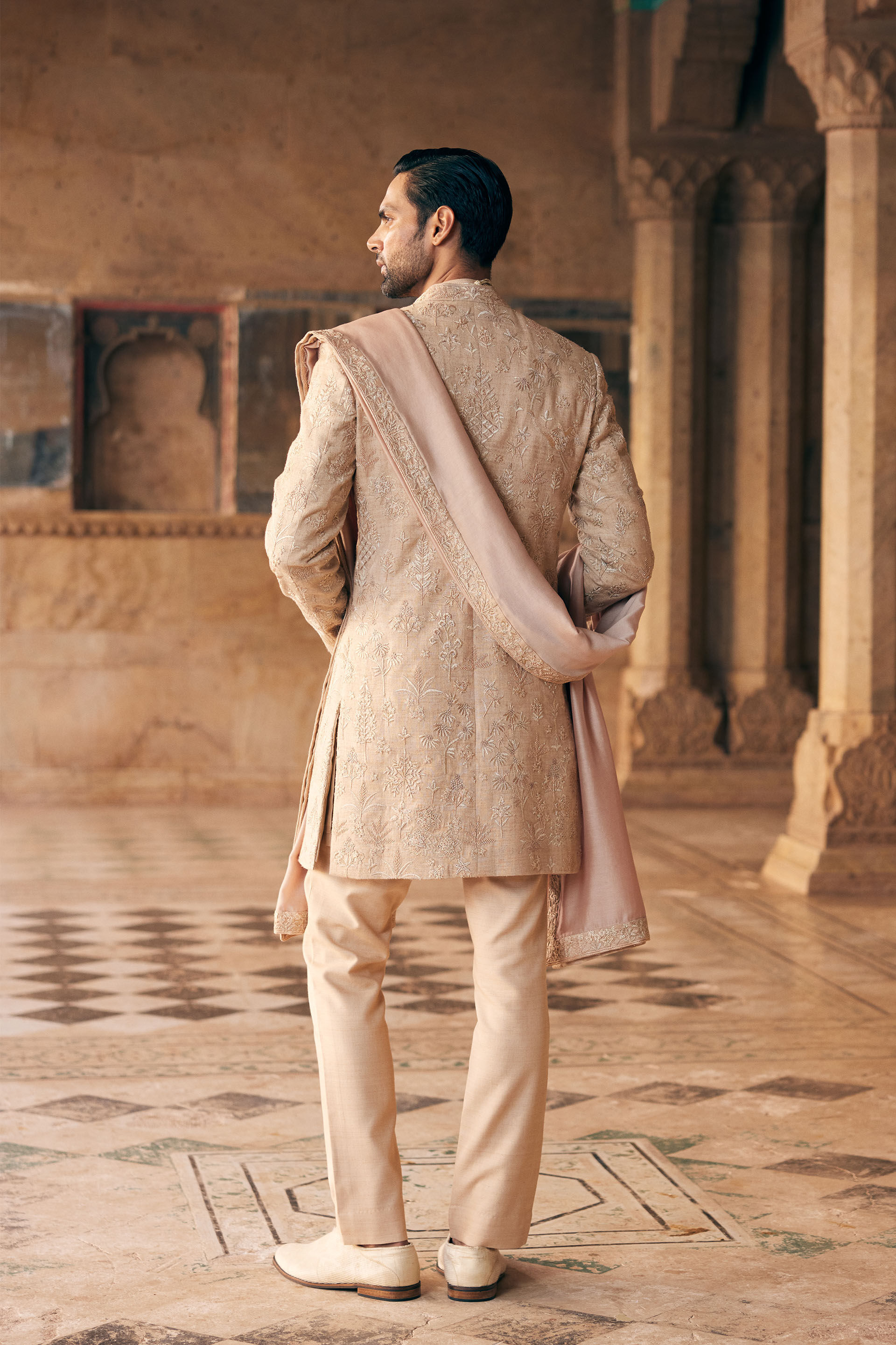 Zimraan Hand-embroidered Silk Sherwani - Beige