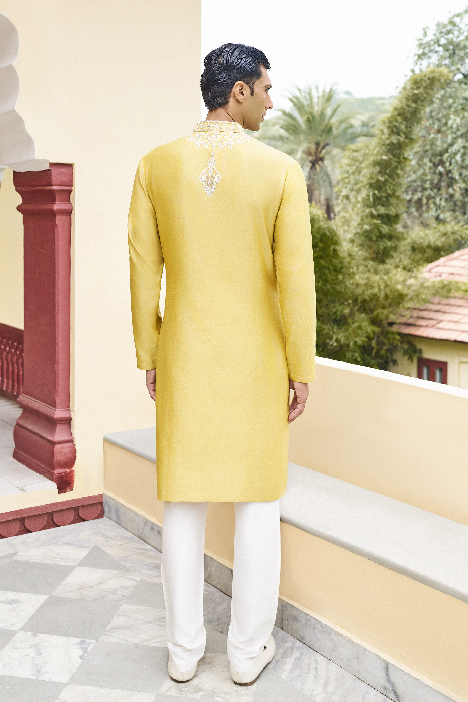 Sun-dappled Embroidered Mul Kurta - Mustard