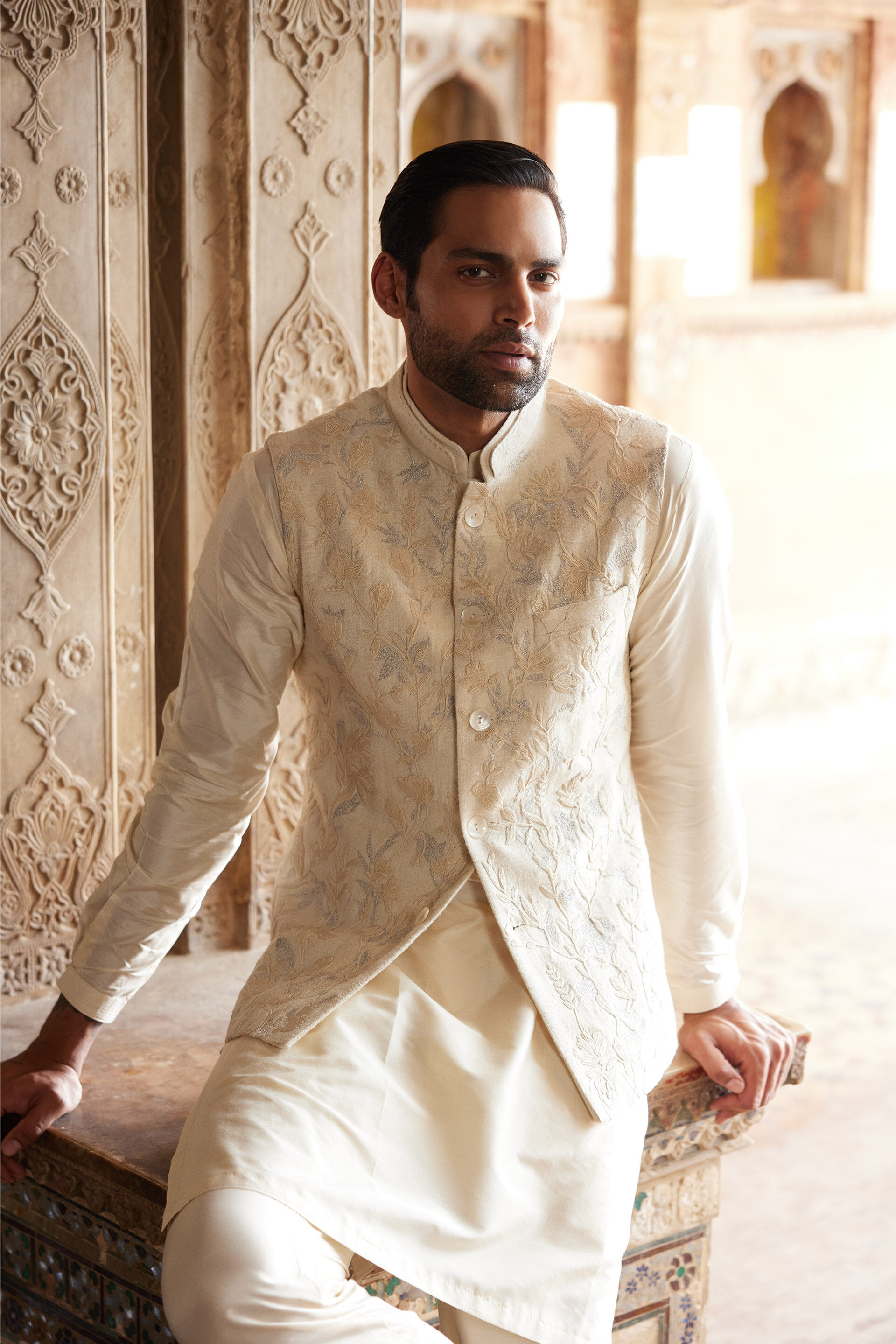 Aaman Embroidered Cord Silk Nehru Jacket Ivory