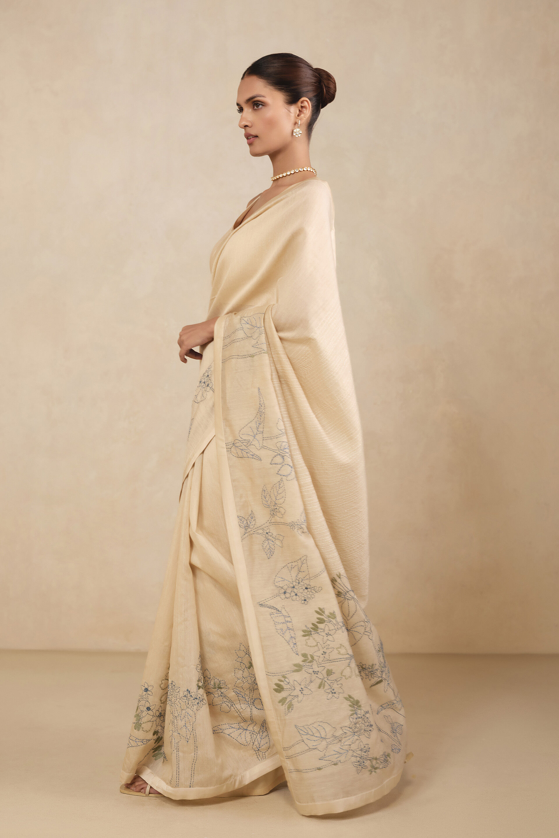 Haiku Hand-embroidered Kantha Silk Saree - Beige, Beige, image 3