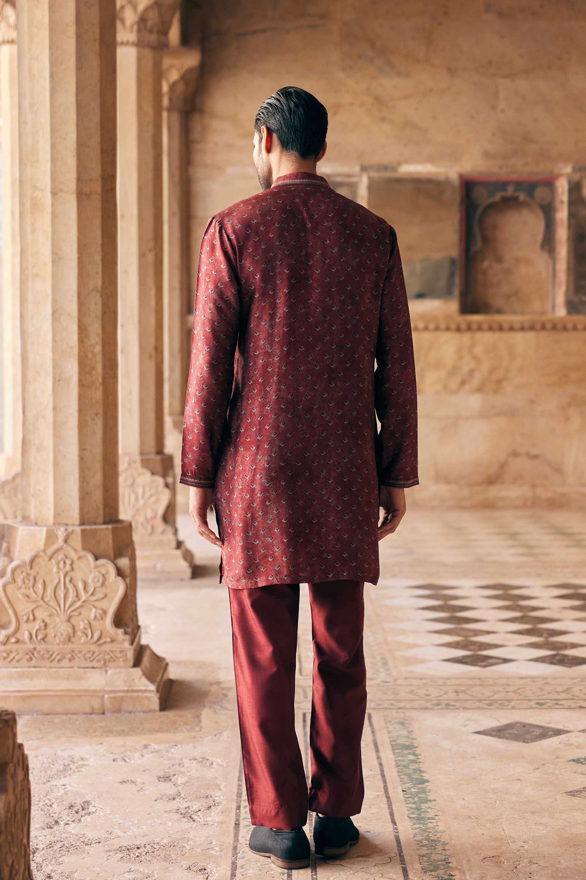 Humair Printed Silk Kurta - Maroon