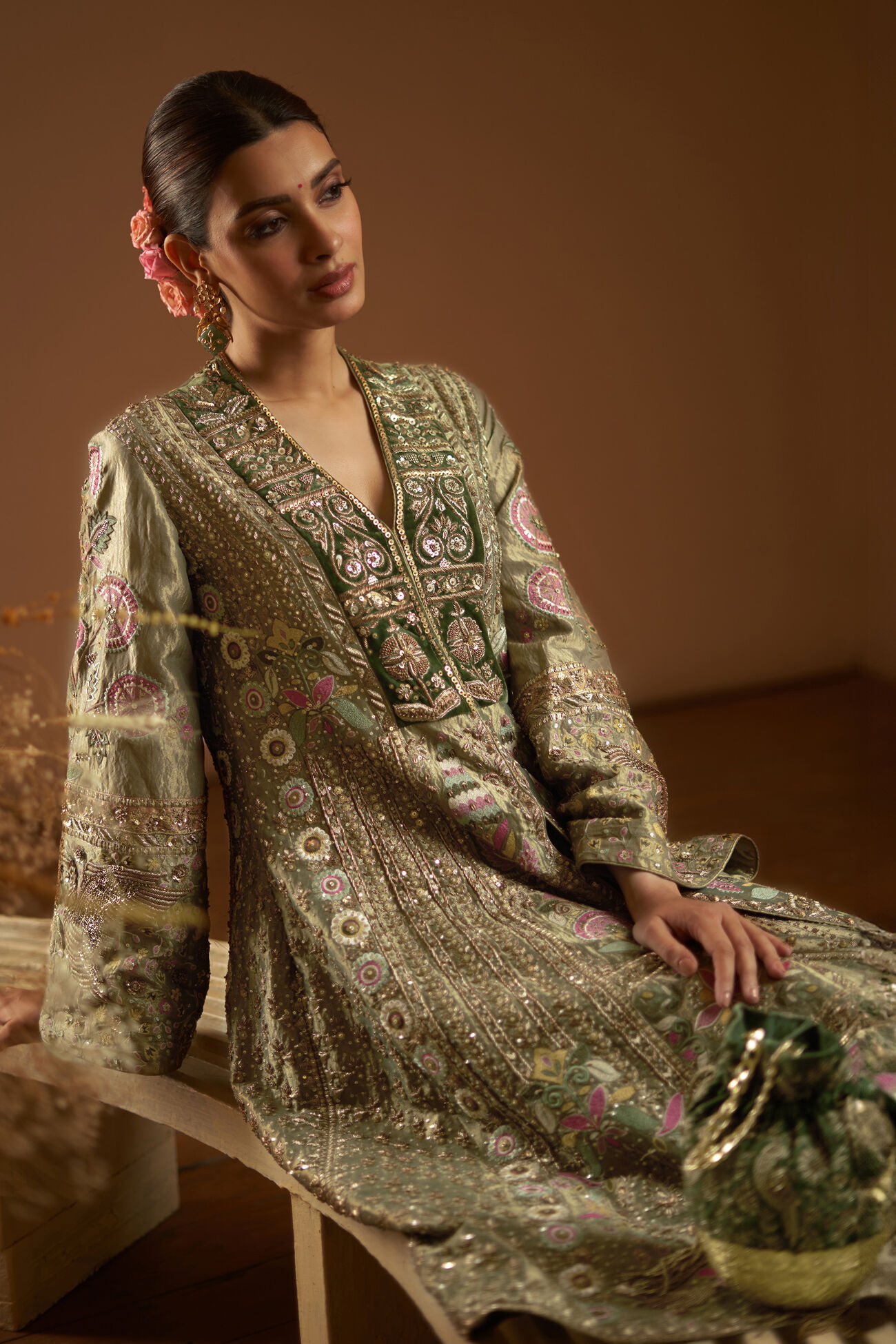 Melody Of The Flowers Embroidered Zardozi Sharara Set - Sage, , image 5