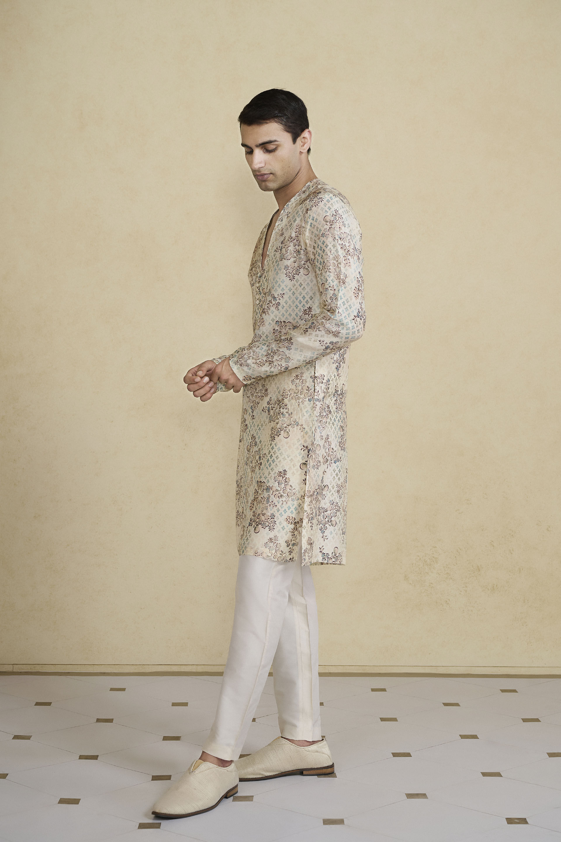 Rukham Printed Silk Kurta - Ivory, Ivory, image 7