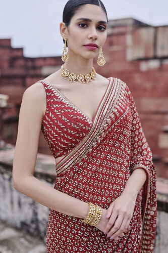 Arvia Printed Georgette Saree - Red, Red, image 3