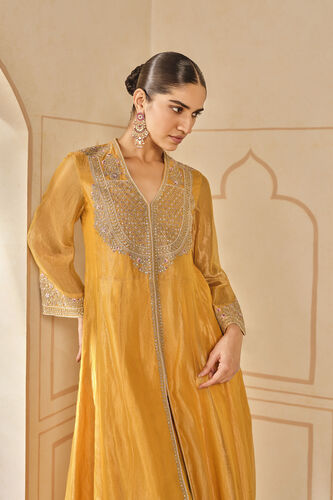 Azha Embroidered Zardozi Silk Jacket Set - Yellow, Yellow, image 4