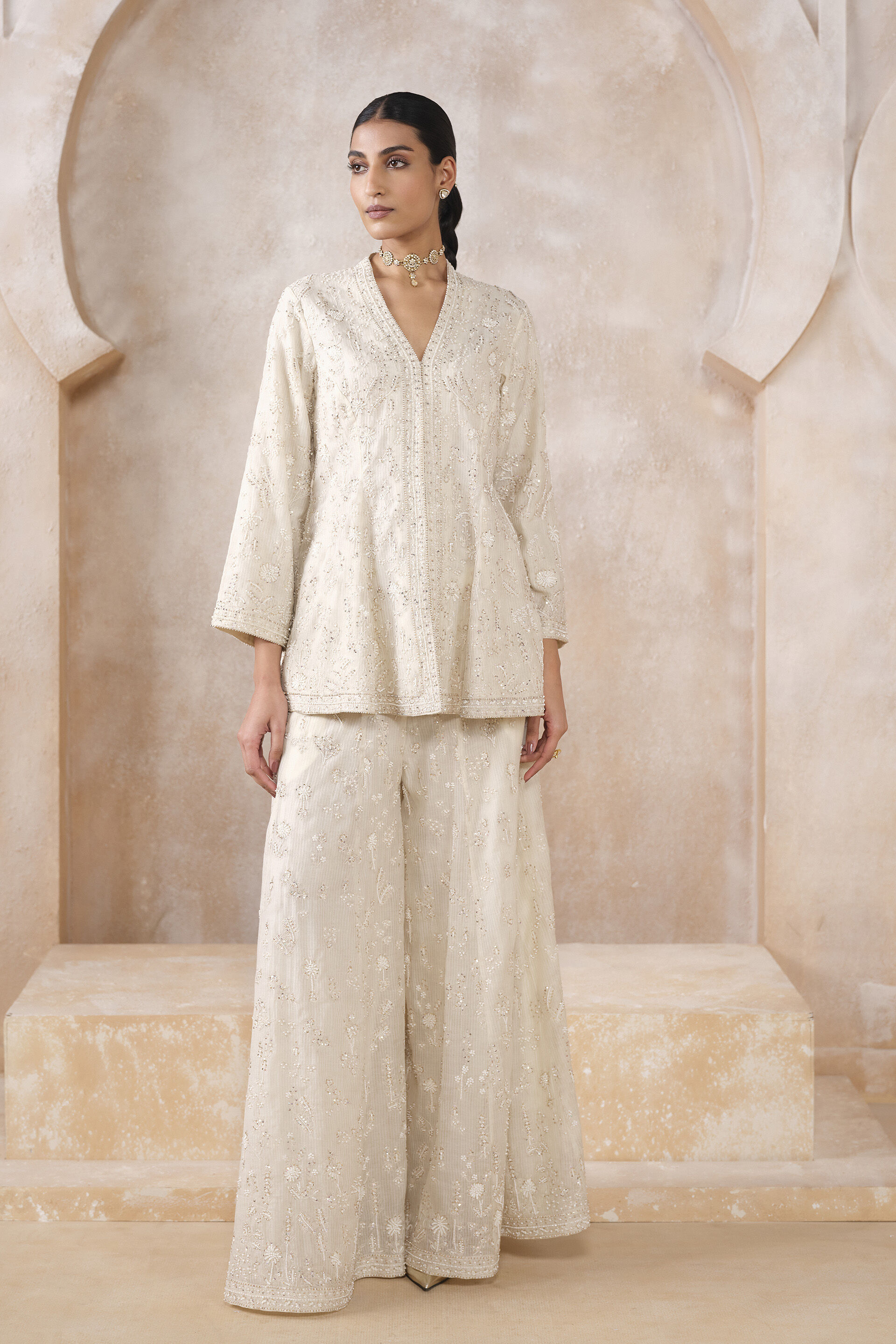 Zuhra Embroidered Sharara Set - Ivory