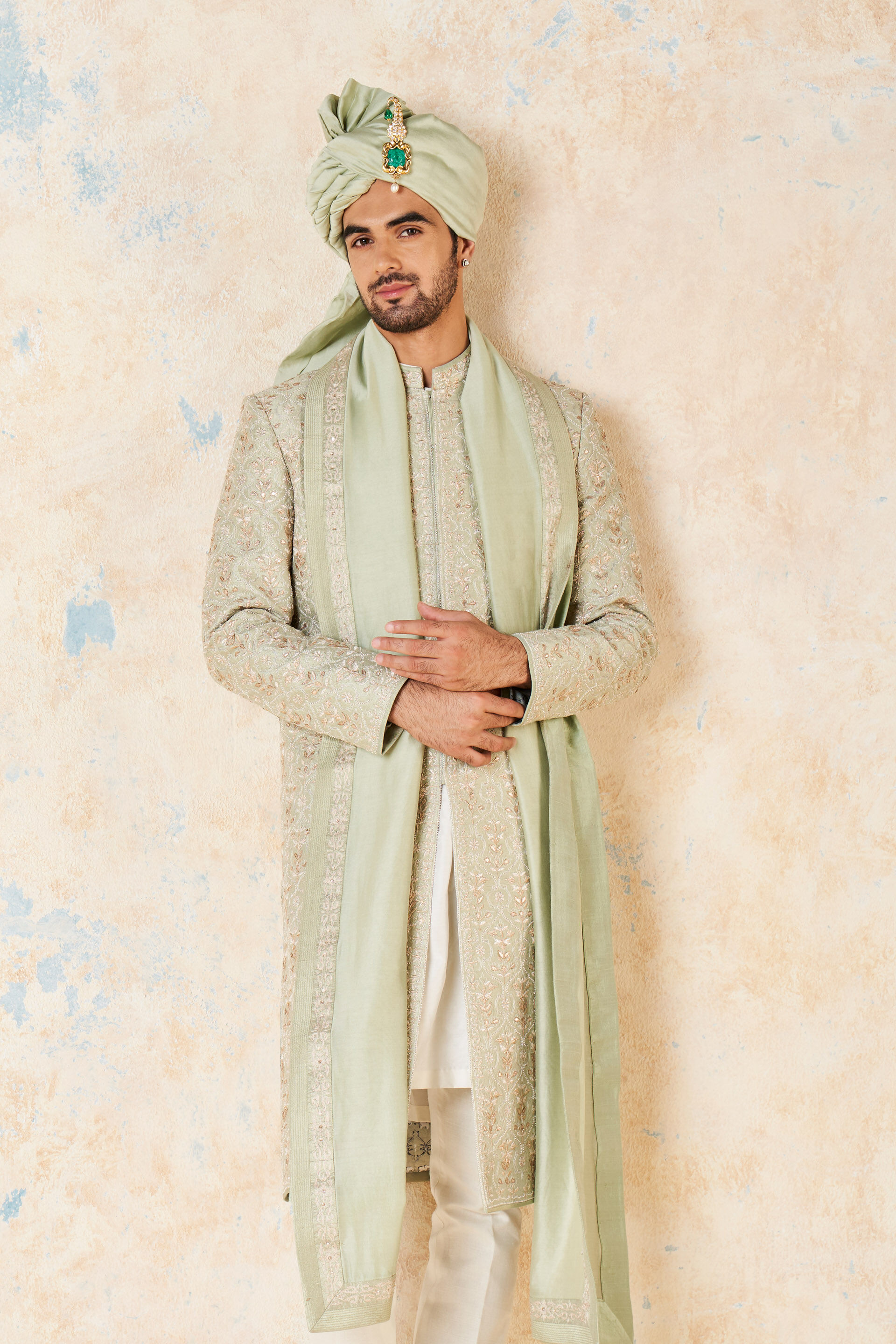 Devarsh Gota Patti &amp; Aari Silk Sherwani - Sage