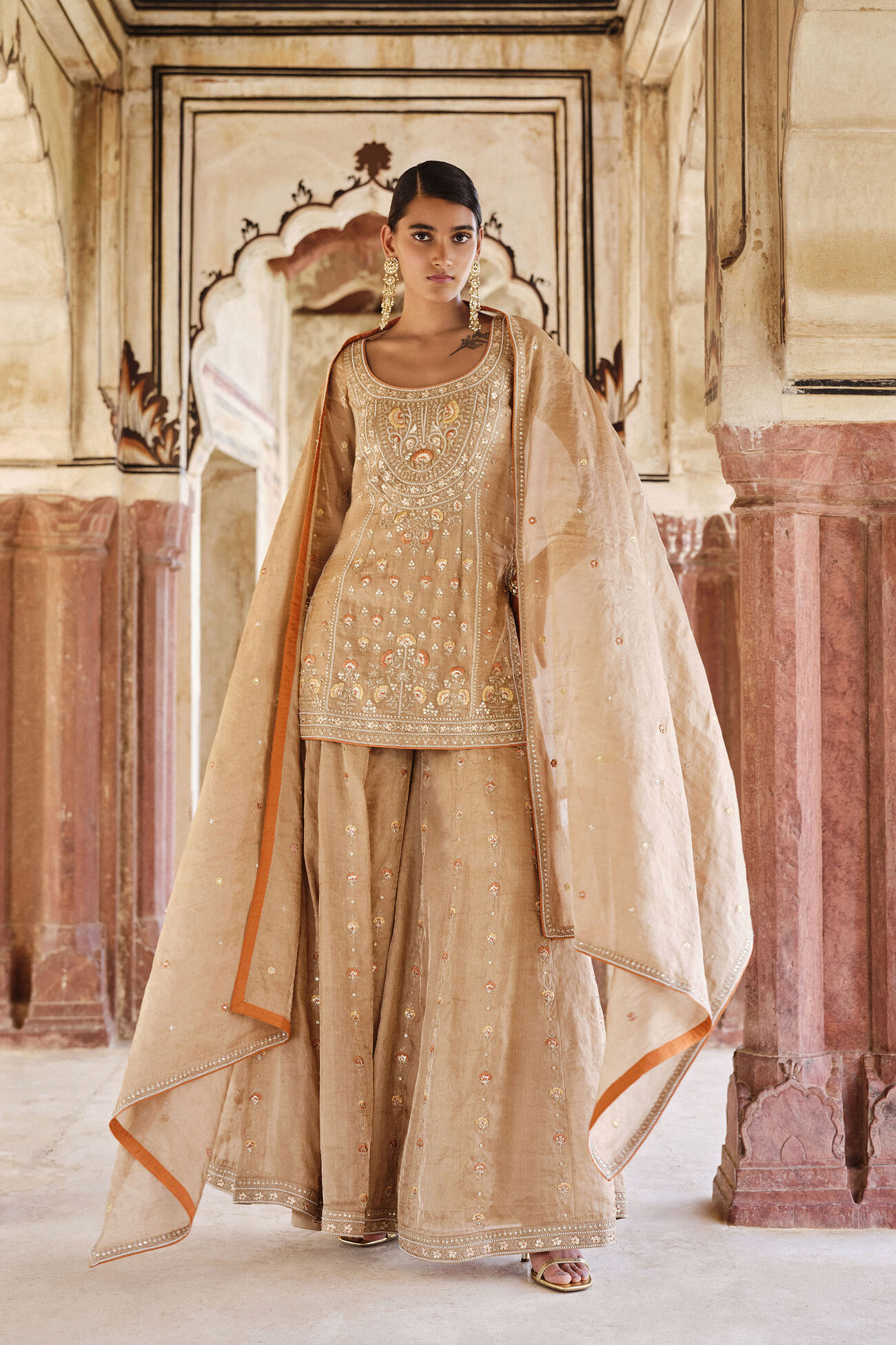 Nahiza Embroidered Sharara Set - Bronze, Bronze, image 1