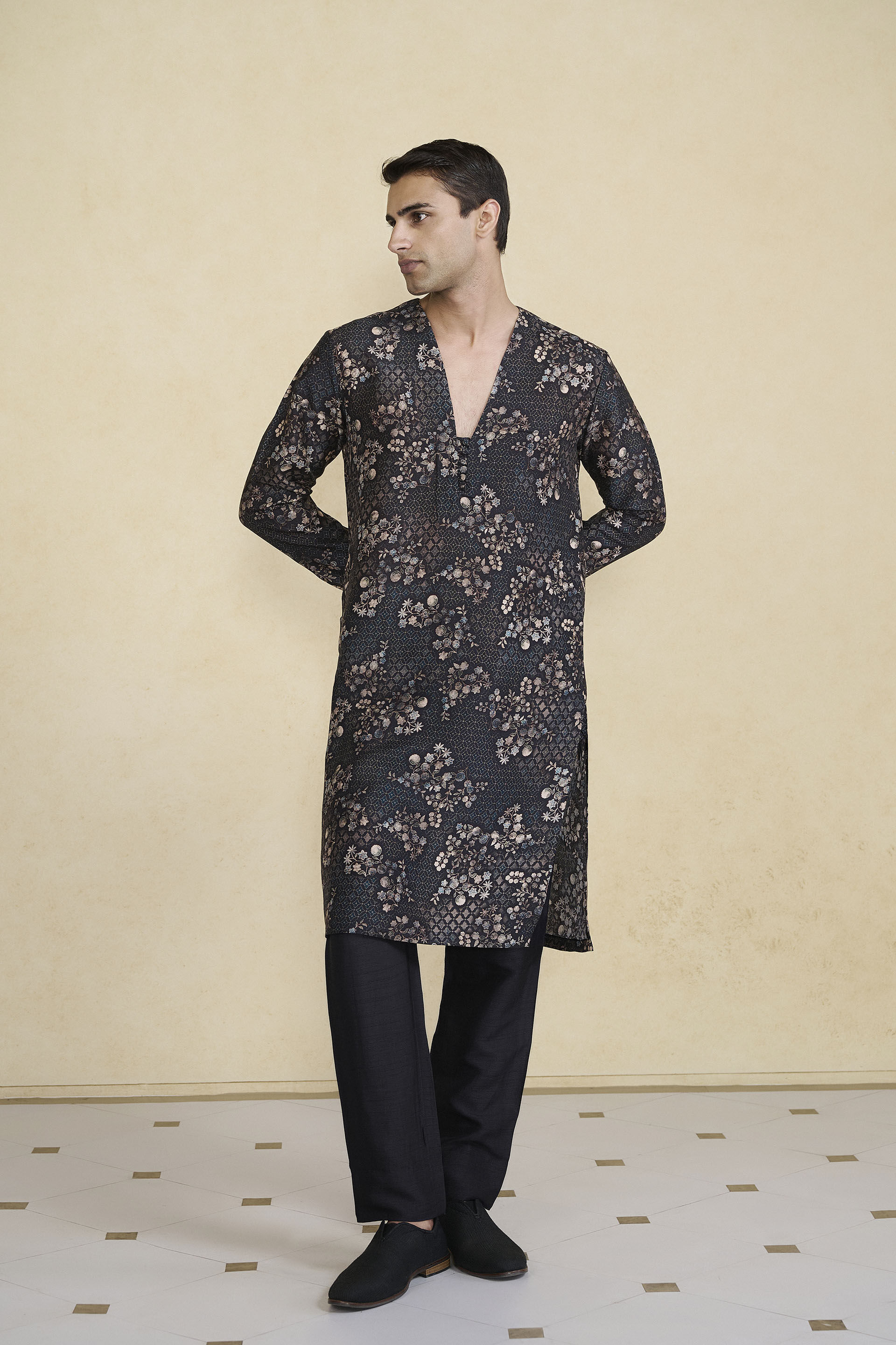 Rukham Printed Silk Kurta - Black, Black, image 3
