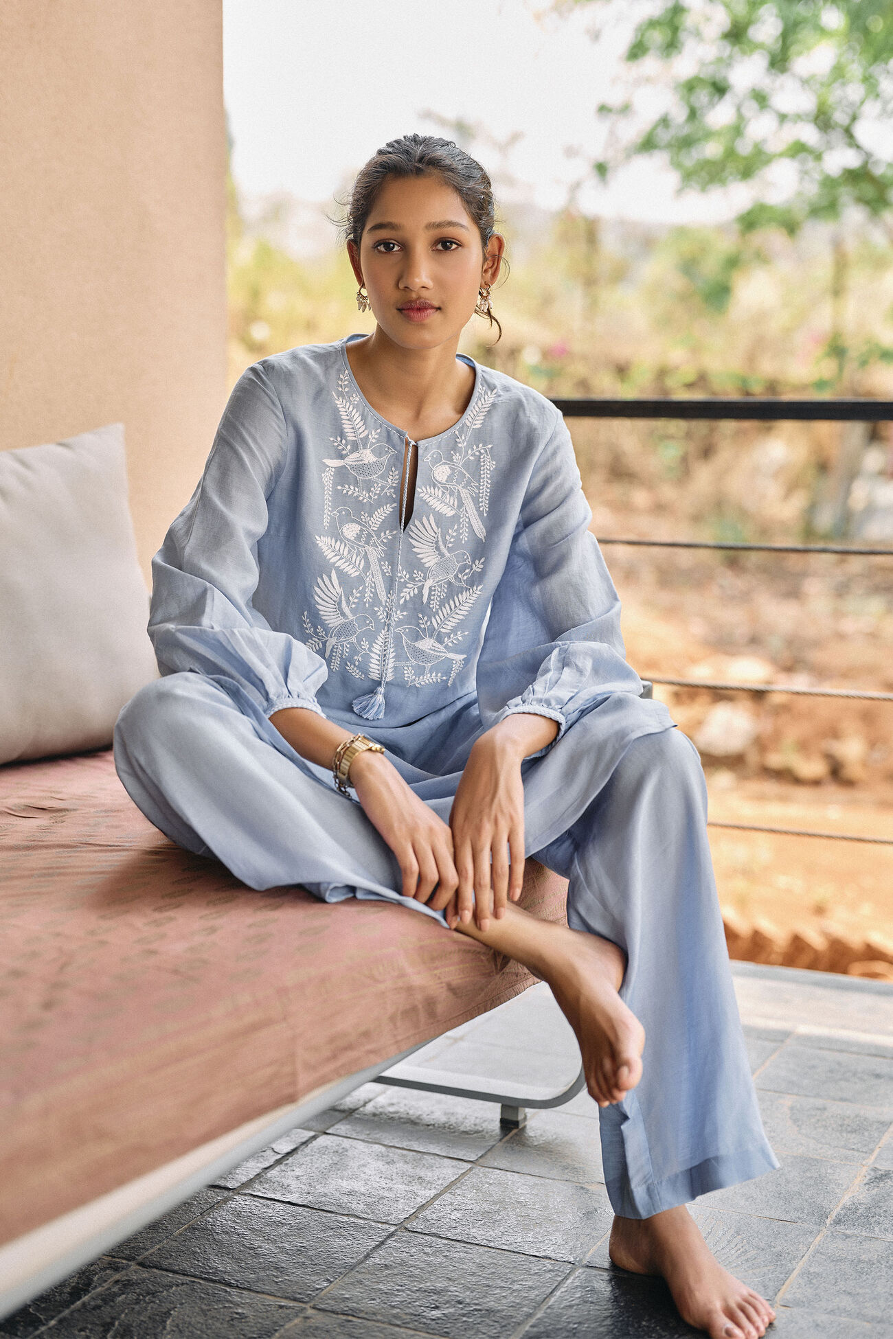 Cloud Sky Hand-embroidered Chikankari Bemberg Linen Coord, Blue, image 2
