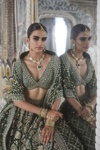 Sylvan Embroidered Zardozi Silk Lehenga Set - Green, Green, image 5