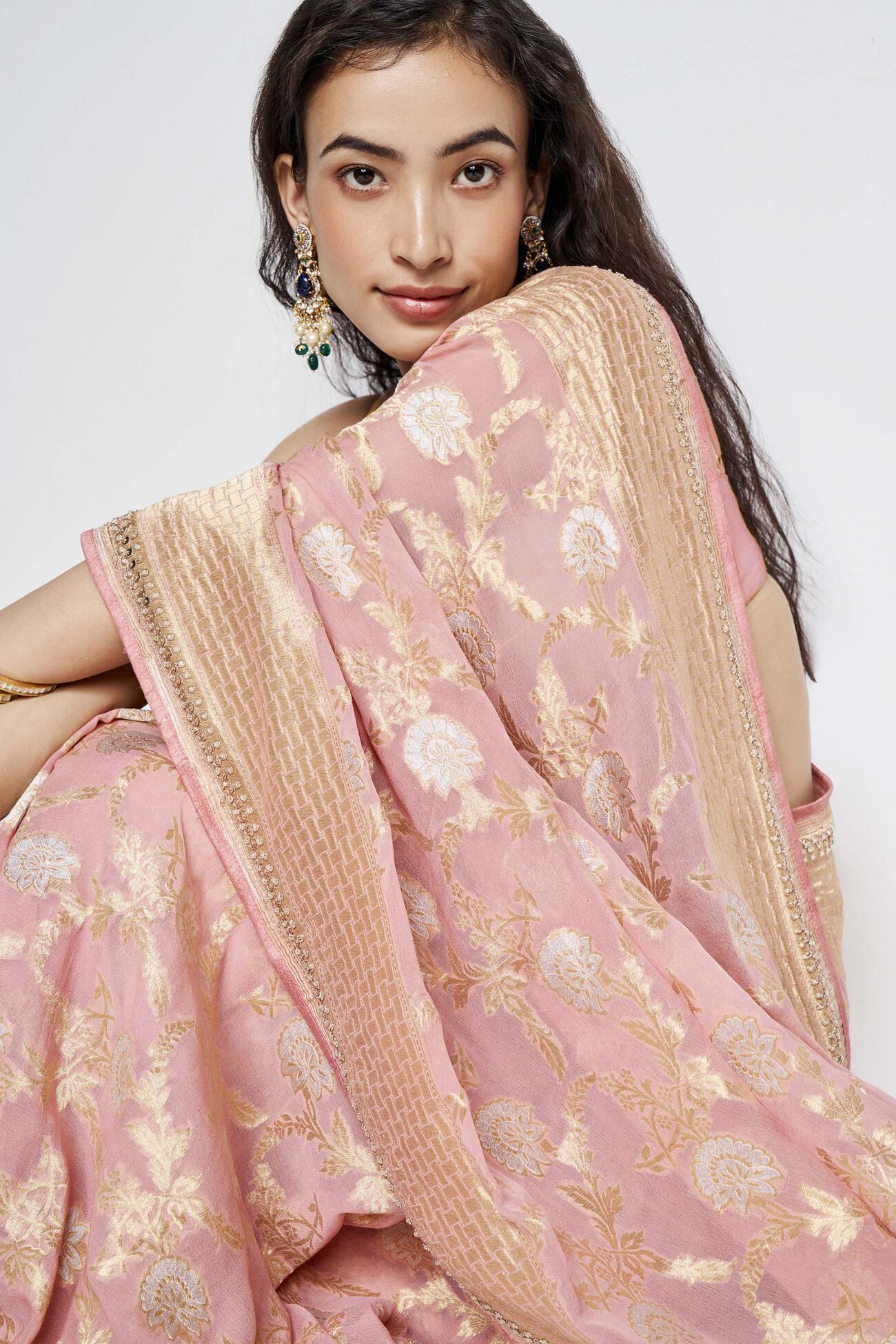 Aaradhana Benarasi Silk Embroidered Saree, Blush, image 7