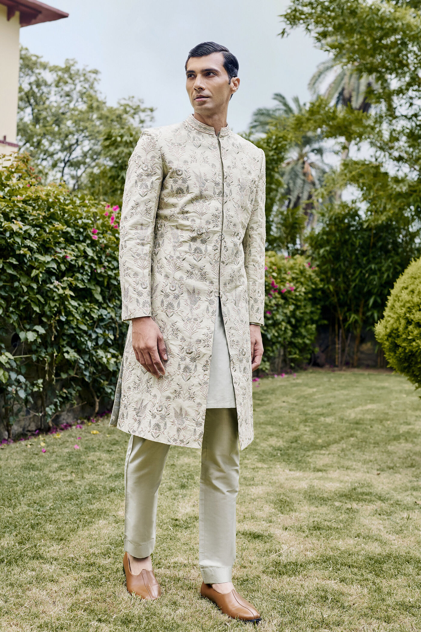 Kshiraj Embroidered Silk Sherwani - Sage