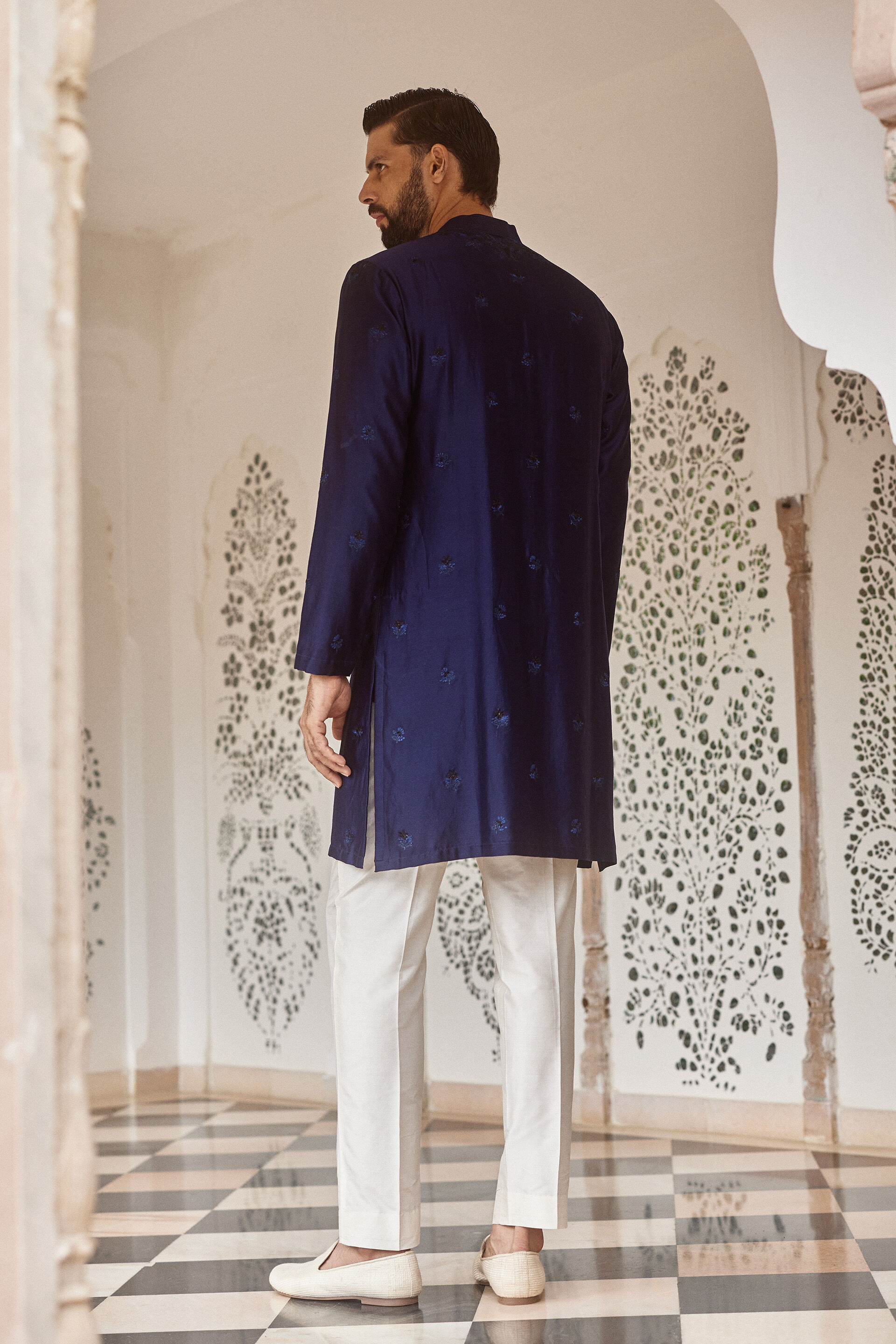 Jagan Embroidered Silk Kurta  - Navy