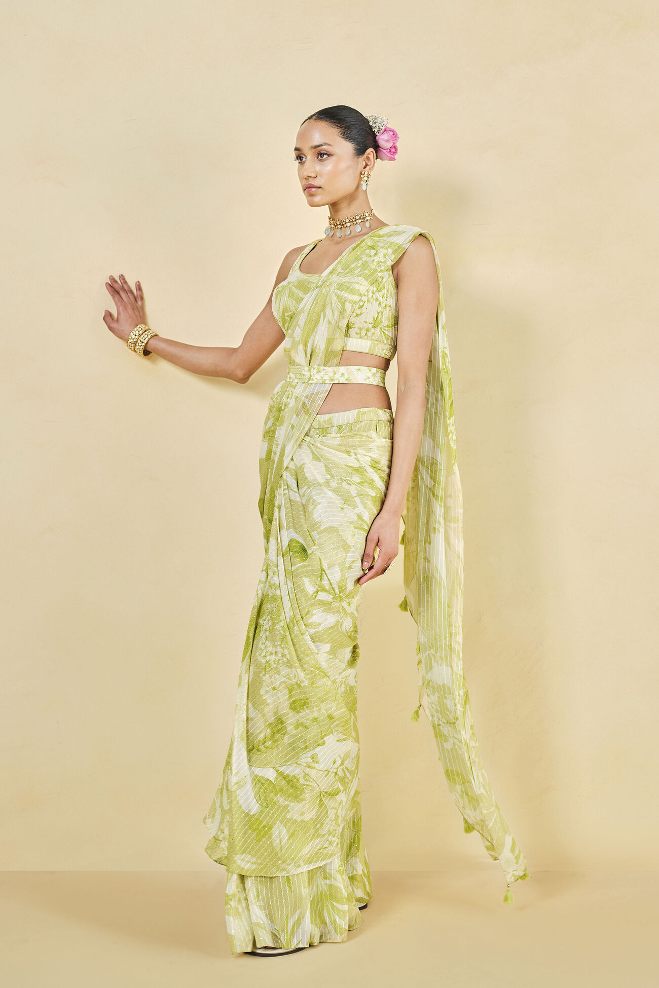 From The Tropics Georgette Pre-draped Saree - Lime, Lime, image 3