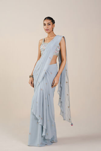 Summer Bloom Embroidered Georgette Pre-draped Saree, Powder Blue, image 1