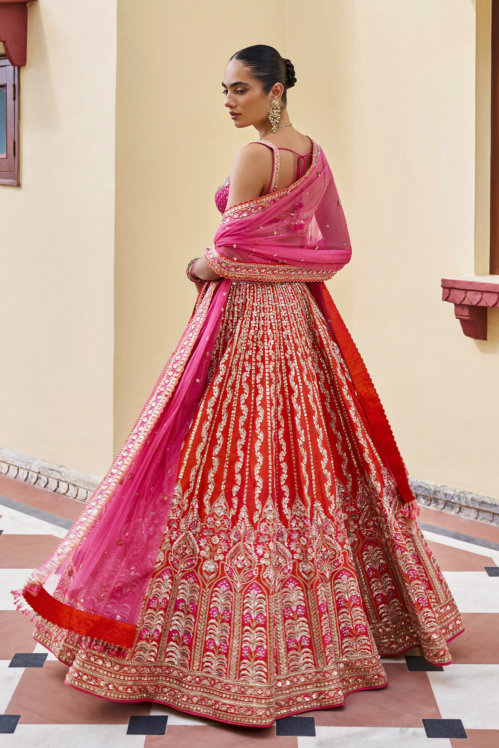 Vow Embroidered Zardozi Silk Lehenga Set - ​Orange, Orange, image 2