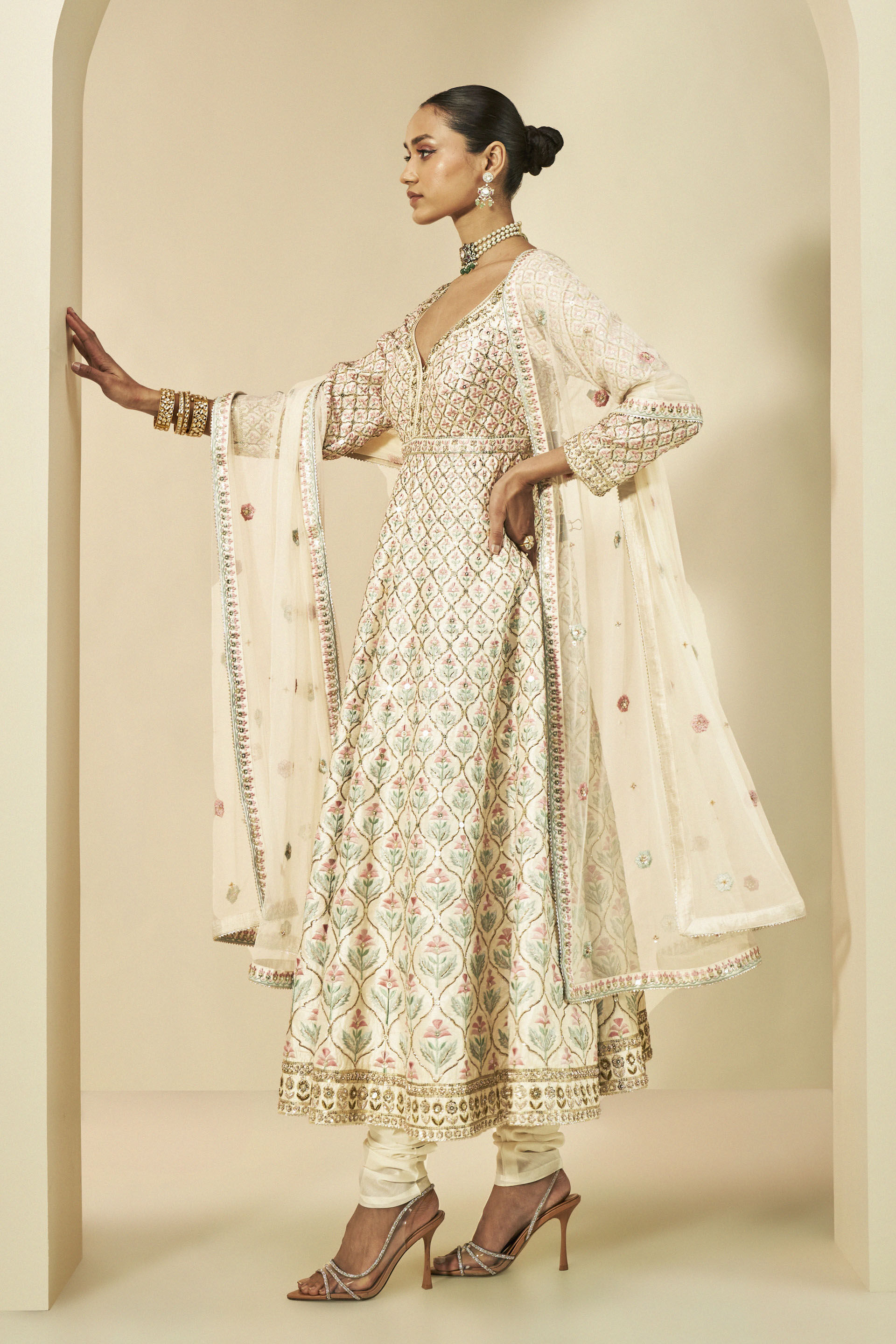 Adri Embroidered Silk Anarkali Set - Cream