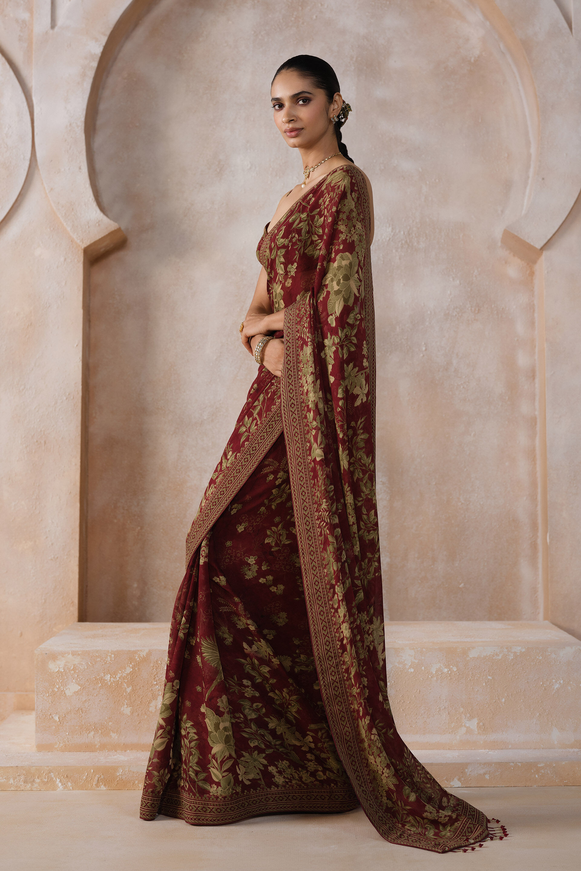 Amapola Chiffon Saree - Wine, Wine, image 3