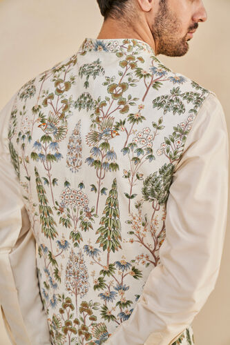 Nalesh Hand-painted Pichhwai Silk Nehru Jacket, Off White, image 8