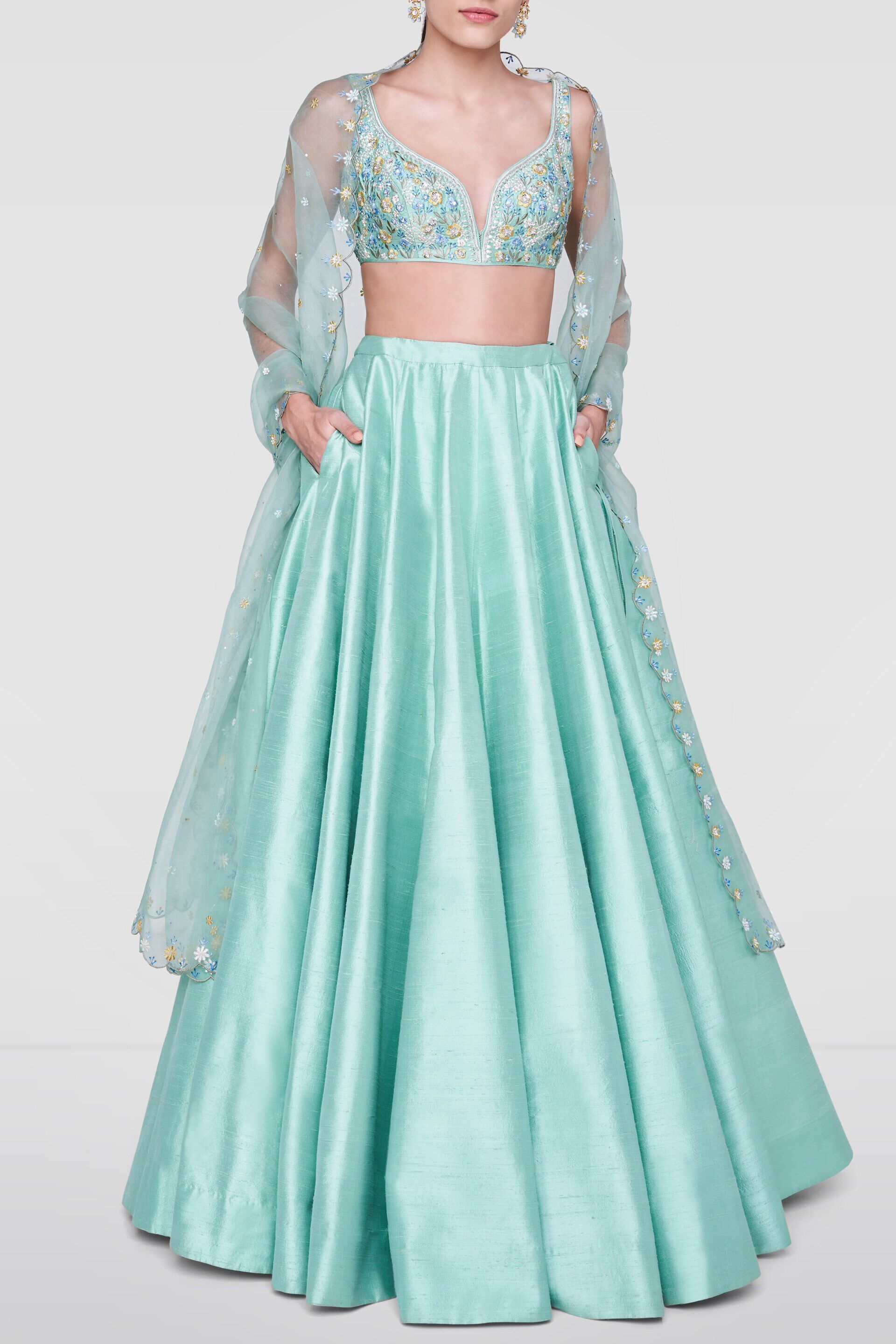 Buy Off-White Sequins Work Silk Crop Top Lehenga Online At Zeel Clothing