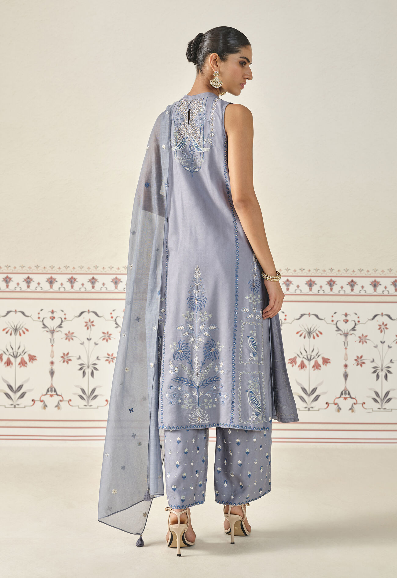 Mayukhi Kantha Silk Suit Set - Slate Grey, Slate Grey, image 2