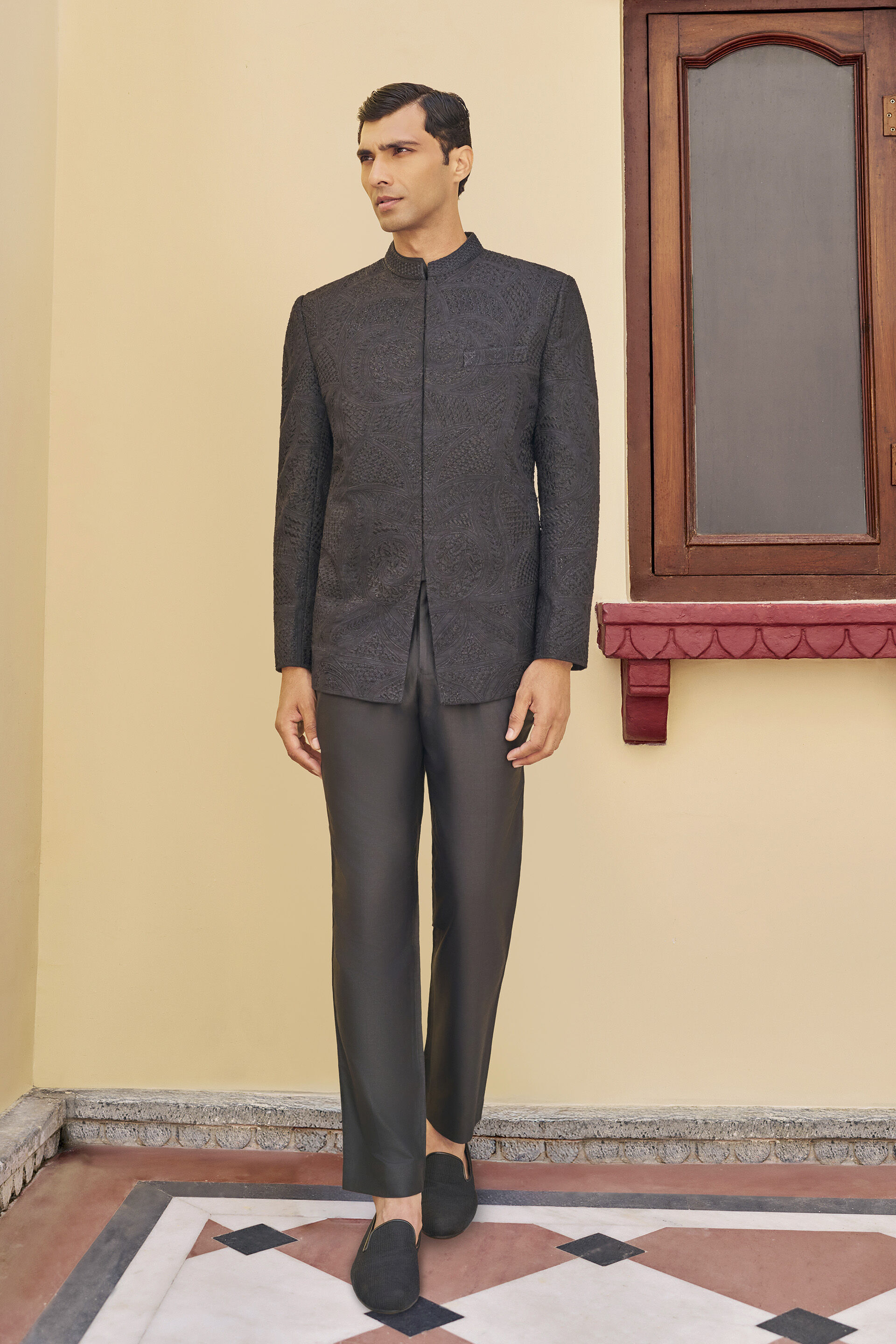 Heartstring Embroidered Silk Bandhgala - Black