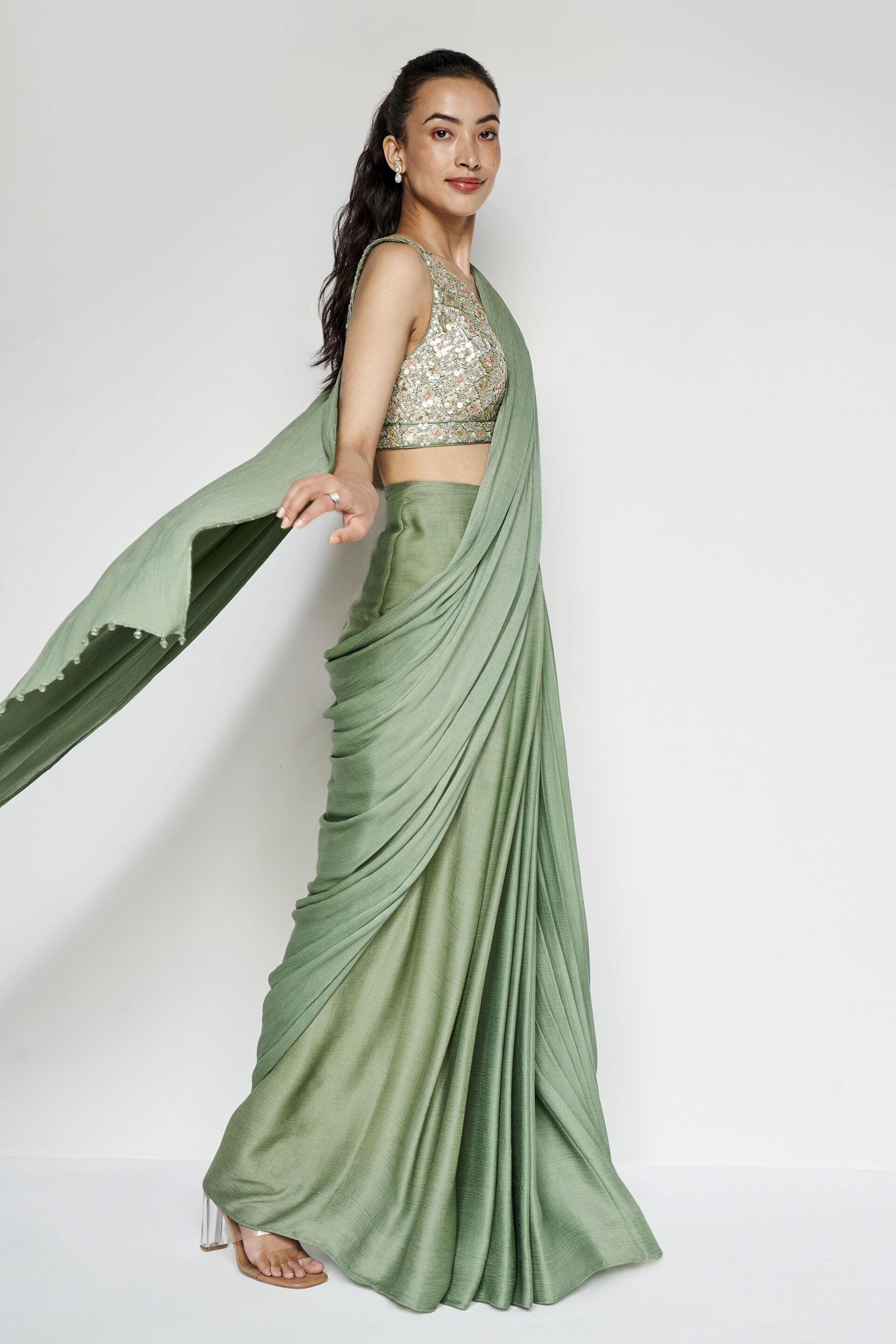 Buy Pale Sage Green Saree In Satin With Floral Resham Embroidery And Butti  KALKI Fashion India