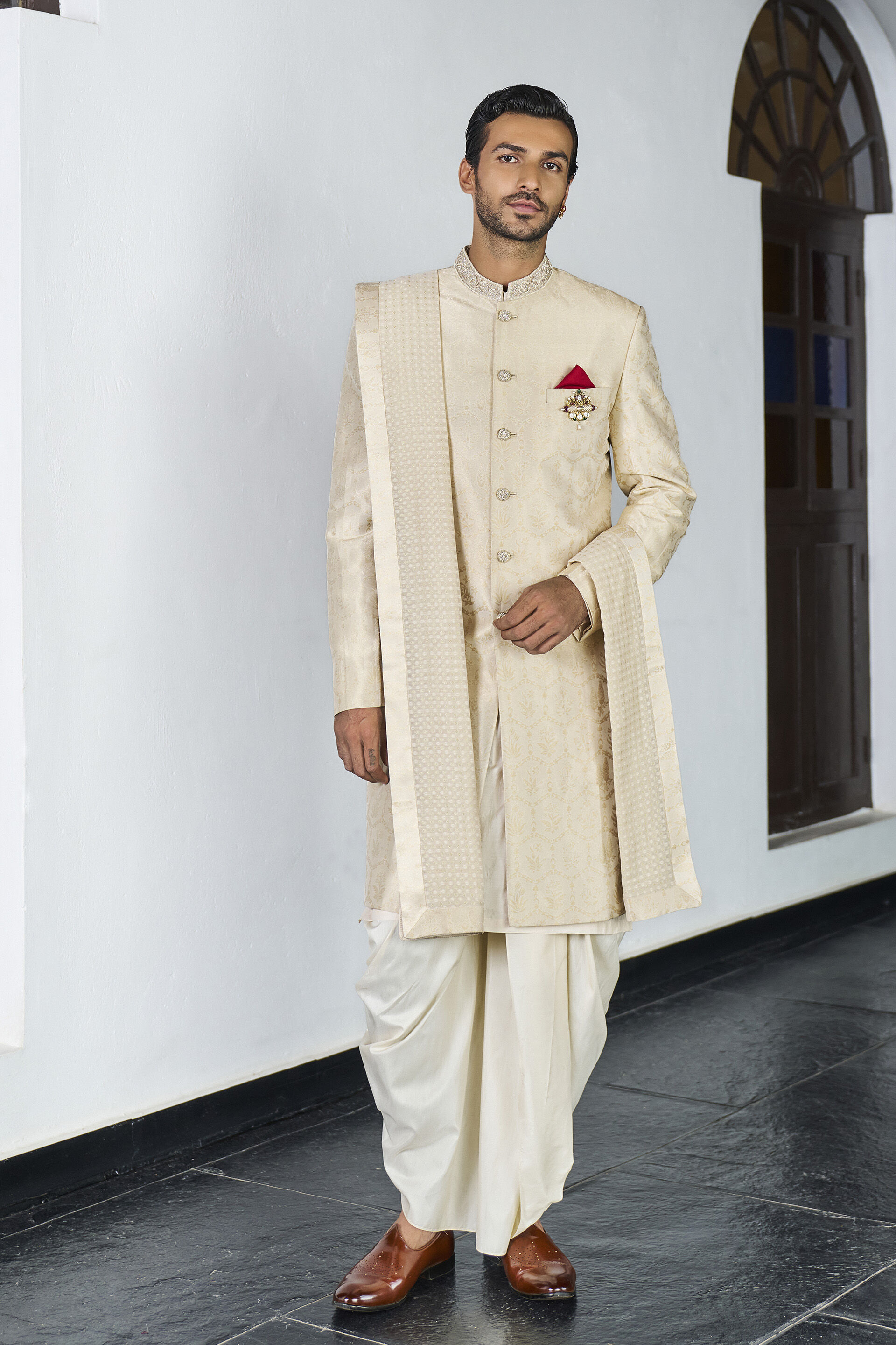 Manas Sherwani in Gold Benarasi