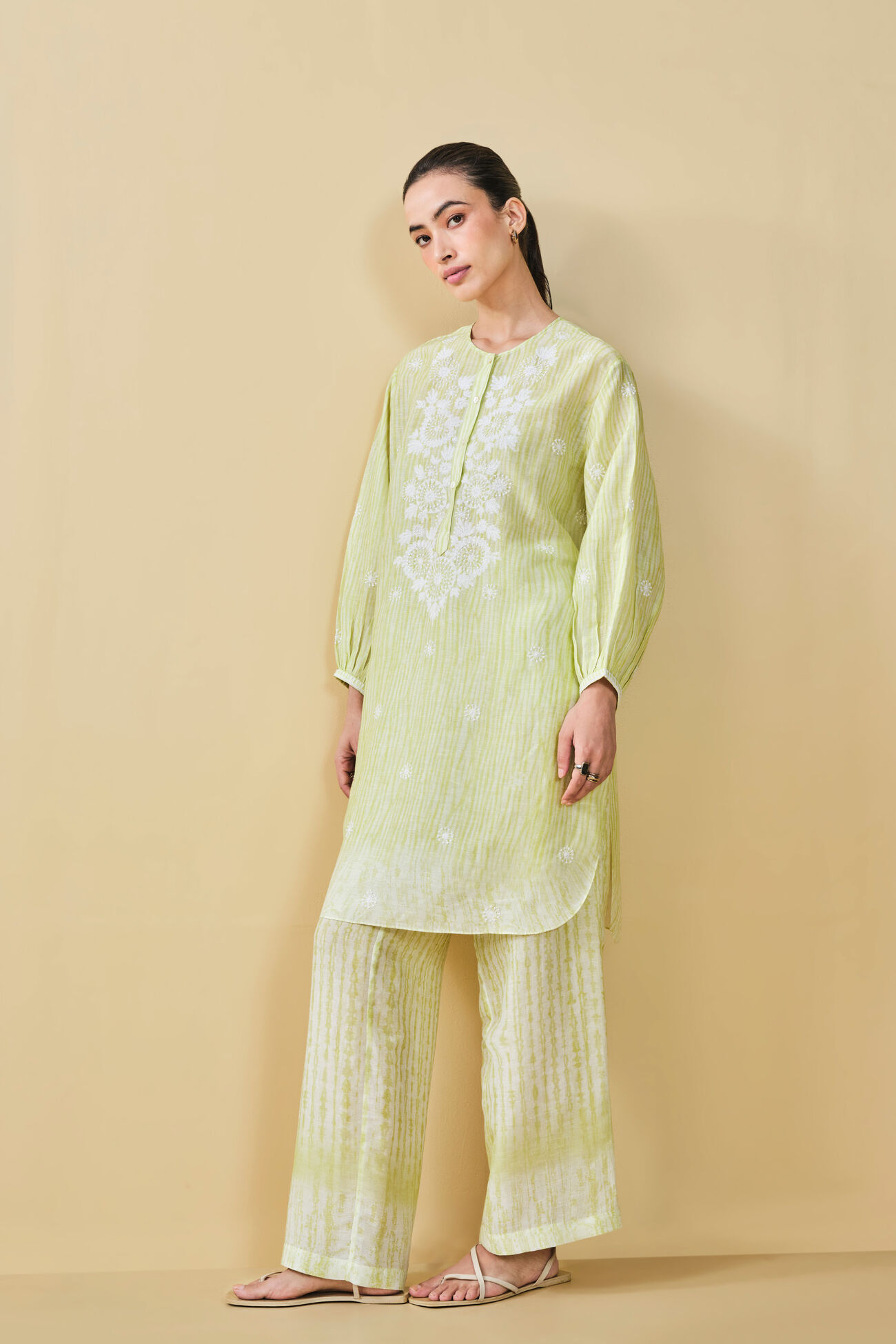 From The Mountain Hand-embroidered Chikankari Bemberg Coord, Lime, image 2