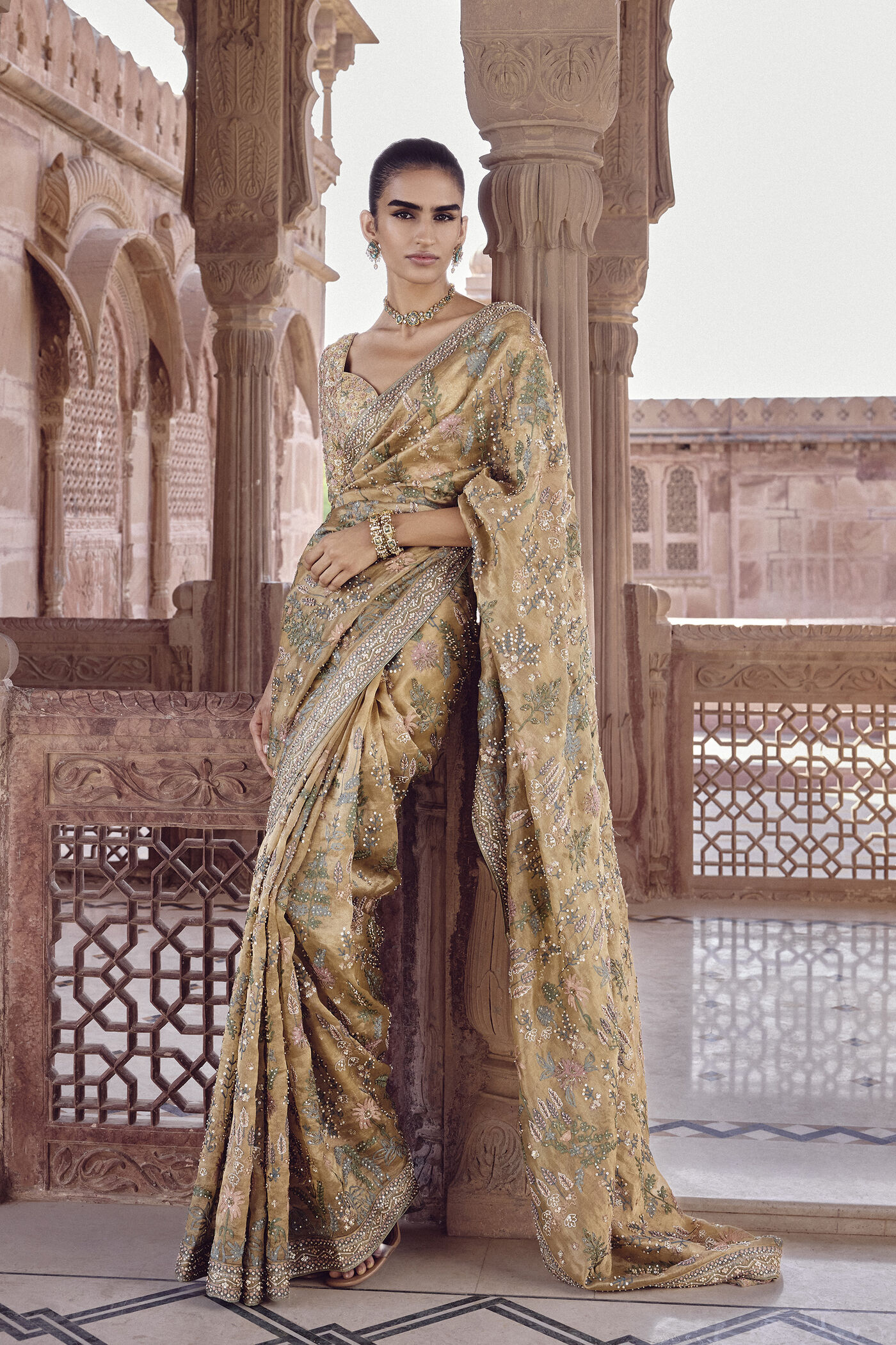 Sahuri Embroidered Silk Saree - Gold