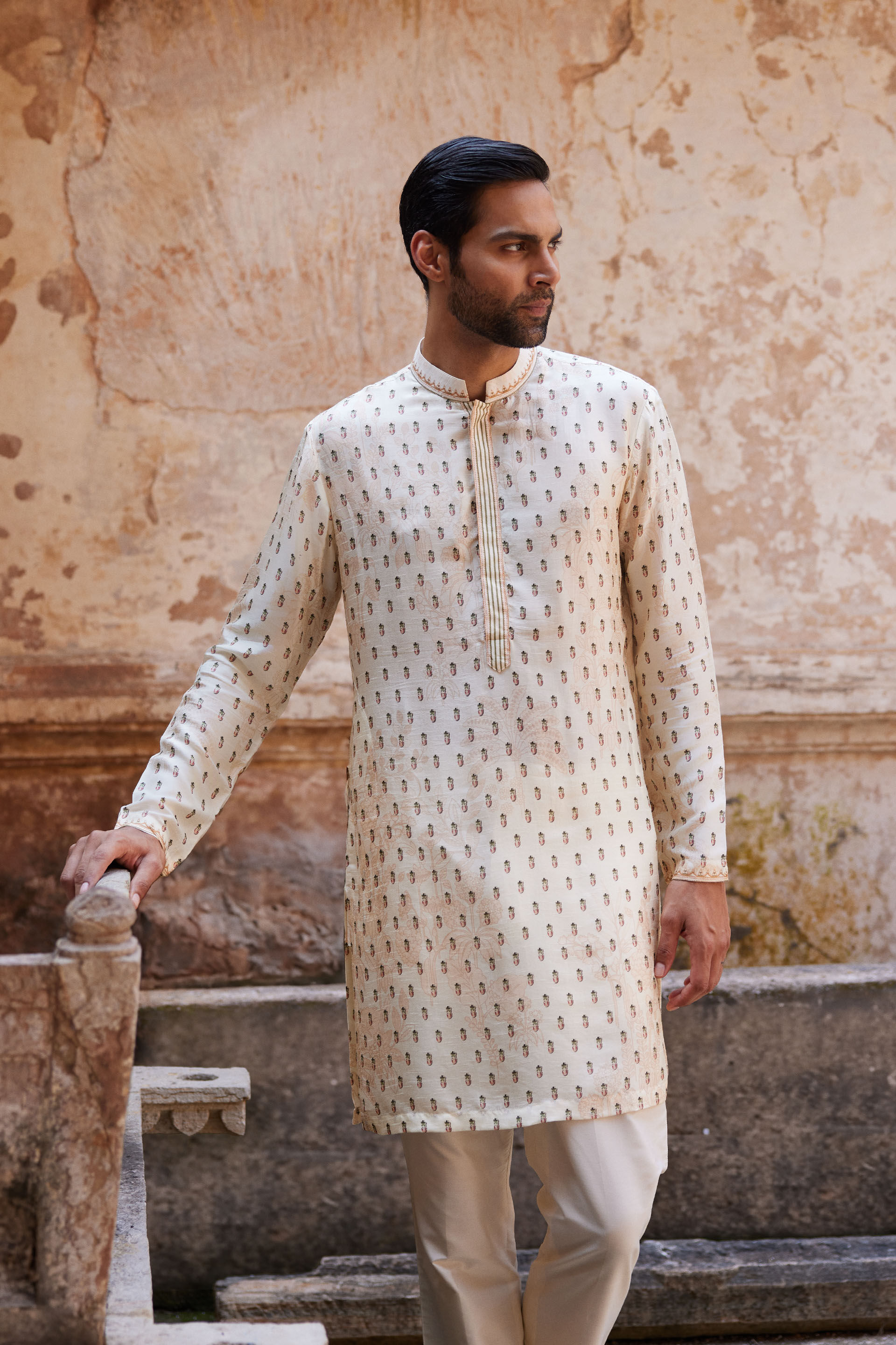 Kalhar Printed Silk Kurta - Ivory, Ivory, image 3