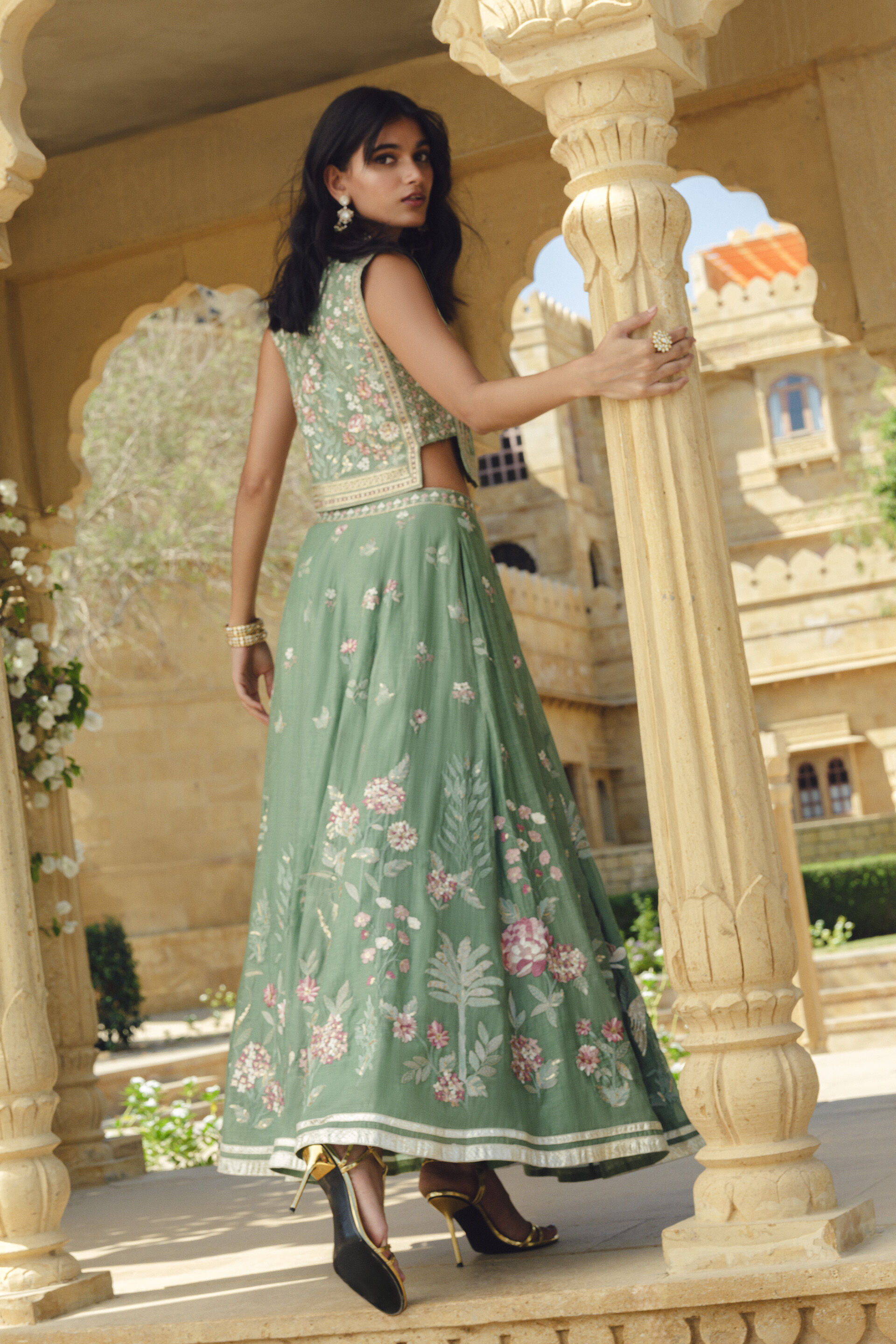Avayah Embroidered Mul Skirt Set - Sage