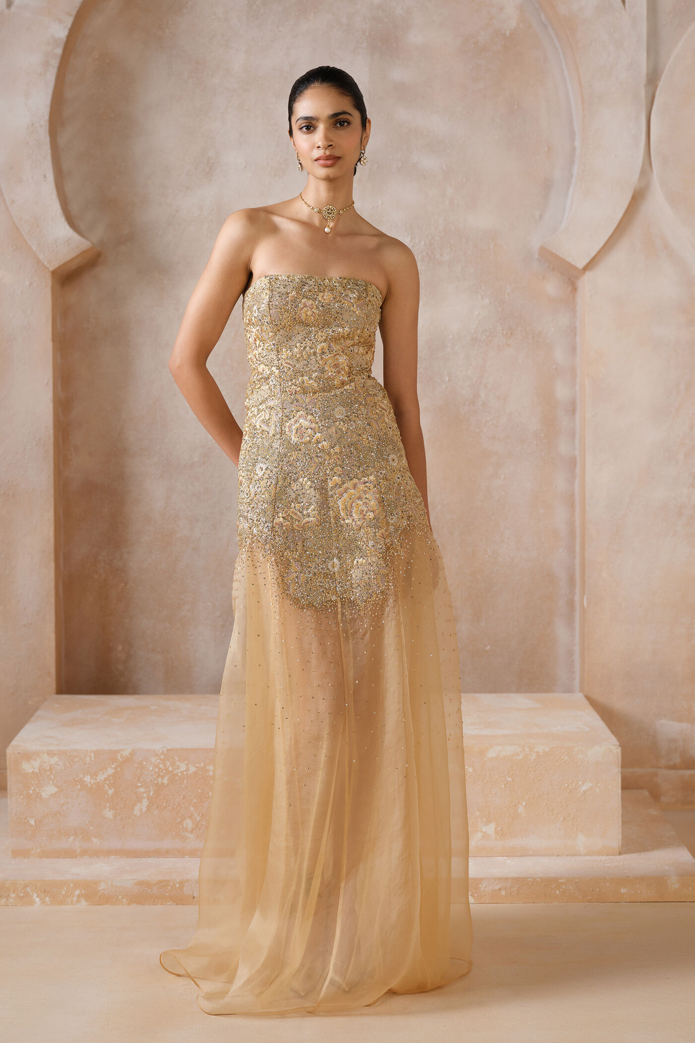 Islaire Embroidered Applique Gown - Gold