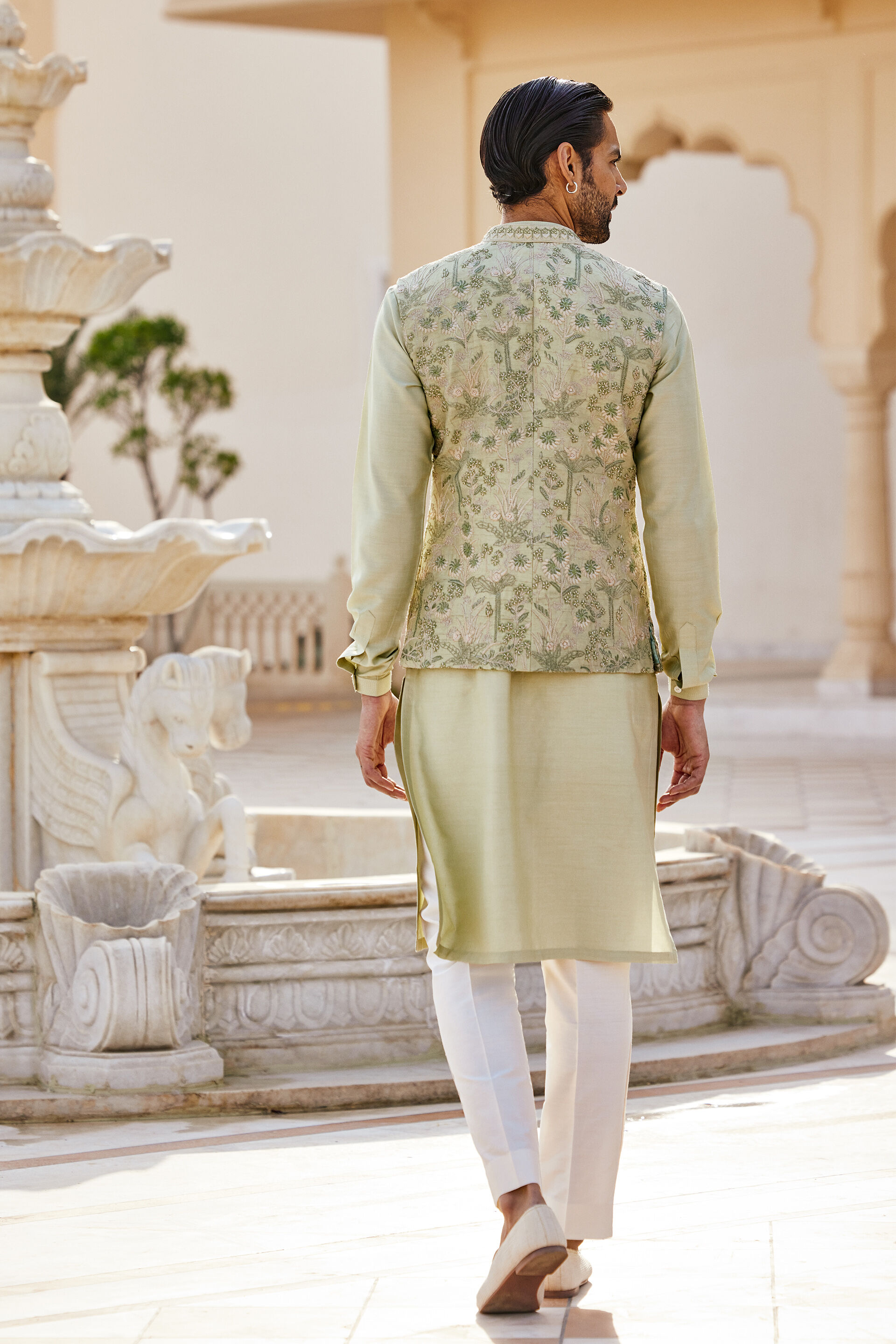 Balfour Embroidered Silk Nehru Jacket - Sage