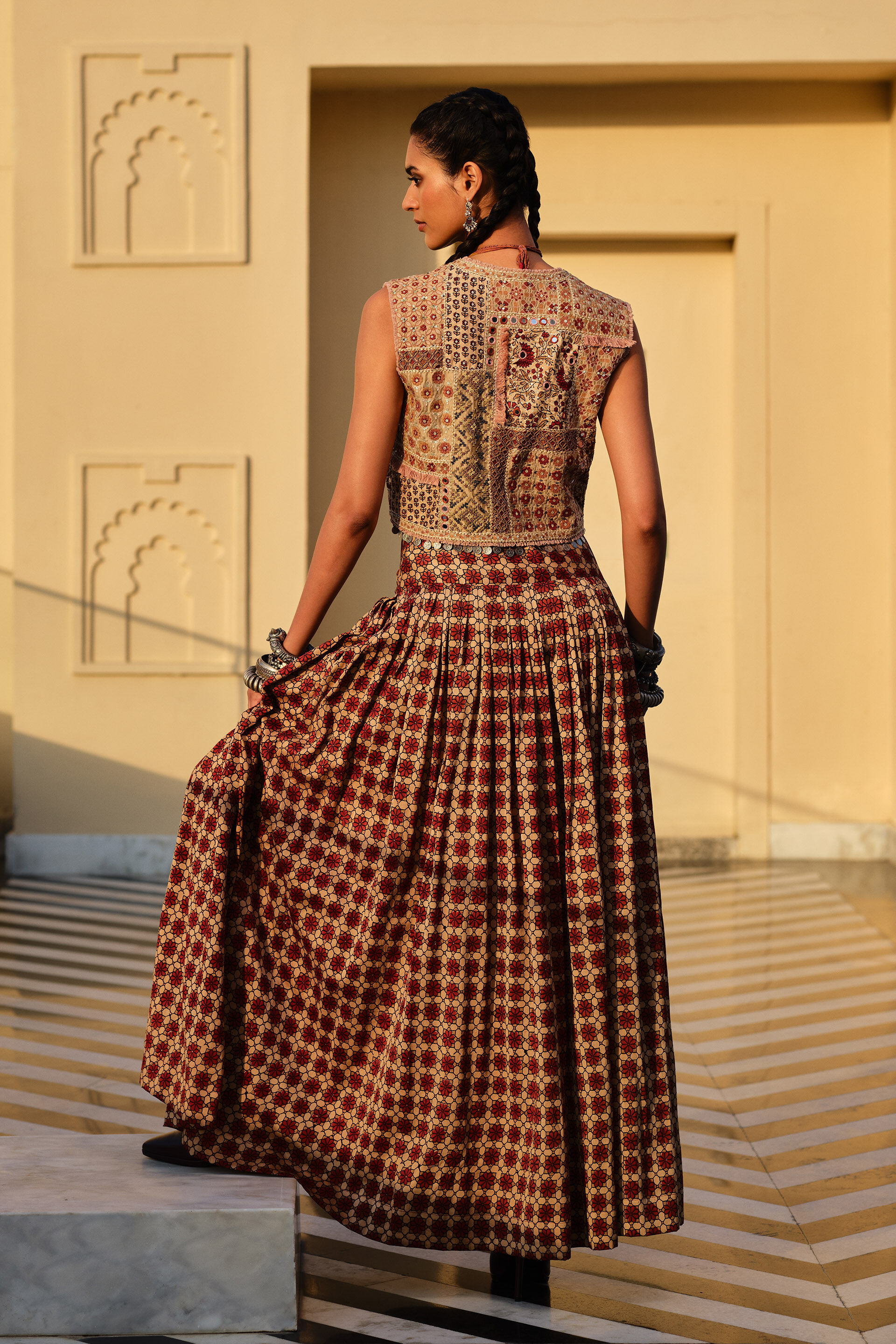 Poet Red Mirror Embroidered Ajrakh Skirt Set