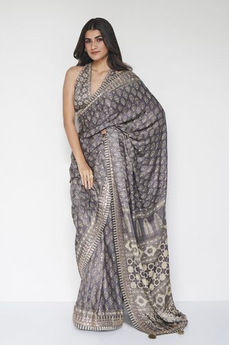 Ranjeeta Ajrakh Hand-block Printed Silk Saree - Grey, Grey, image 1
