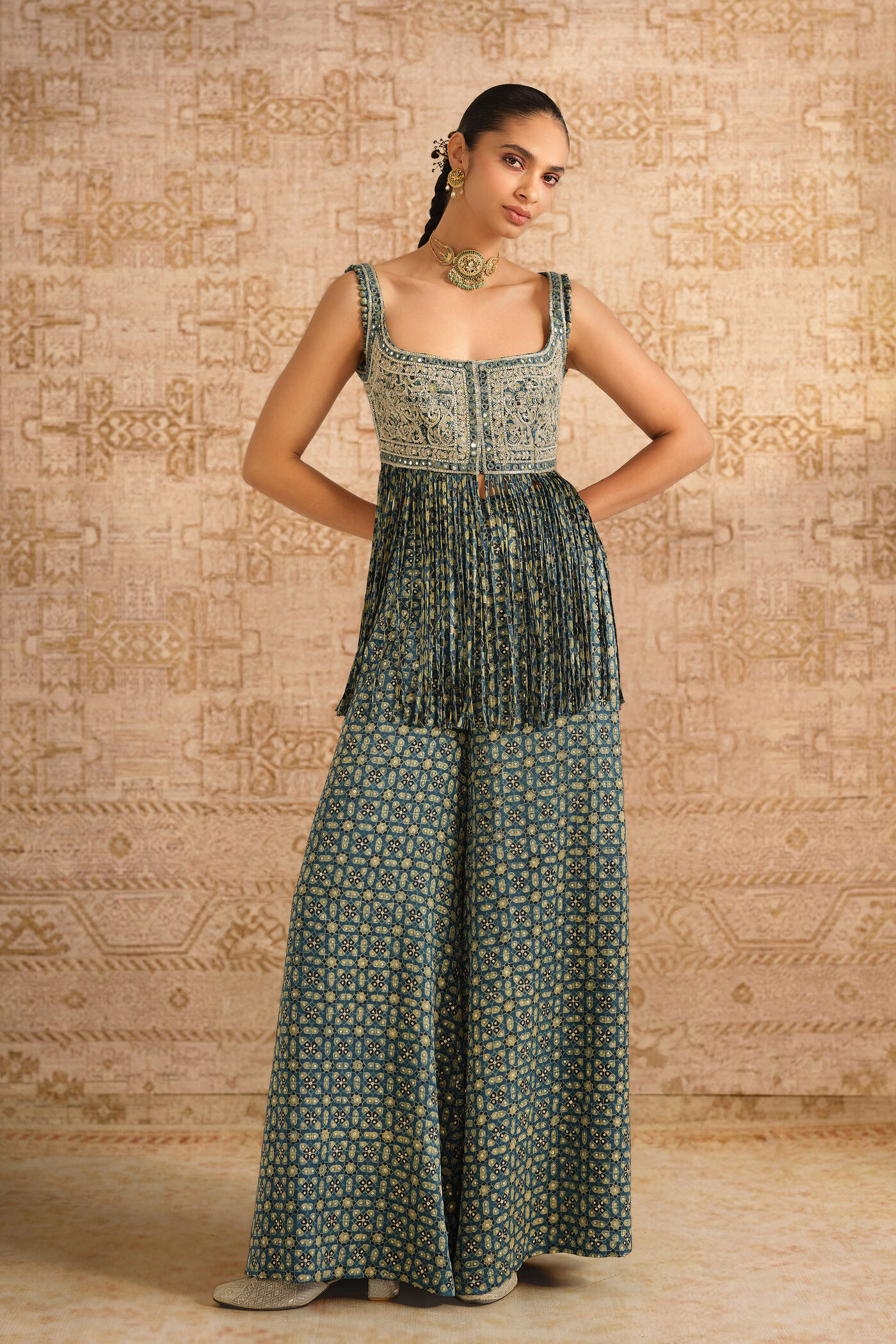 Isana Ajrakh Hand-block Printed Fringe Silk Palazzo Set - Blue