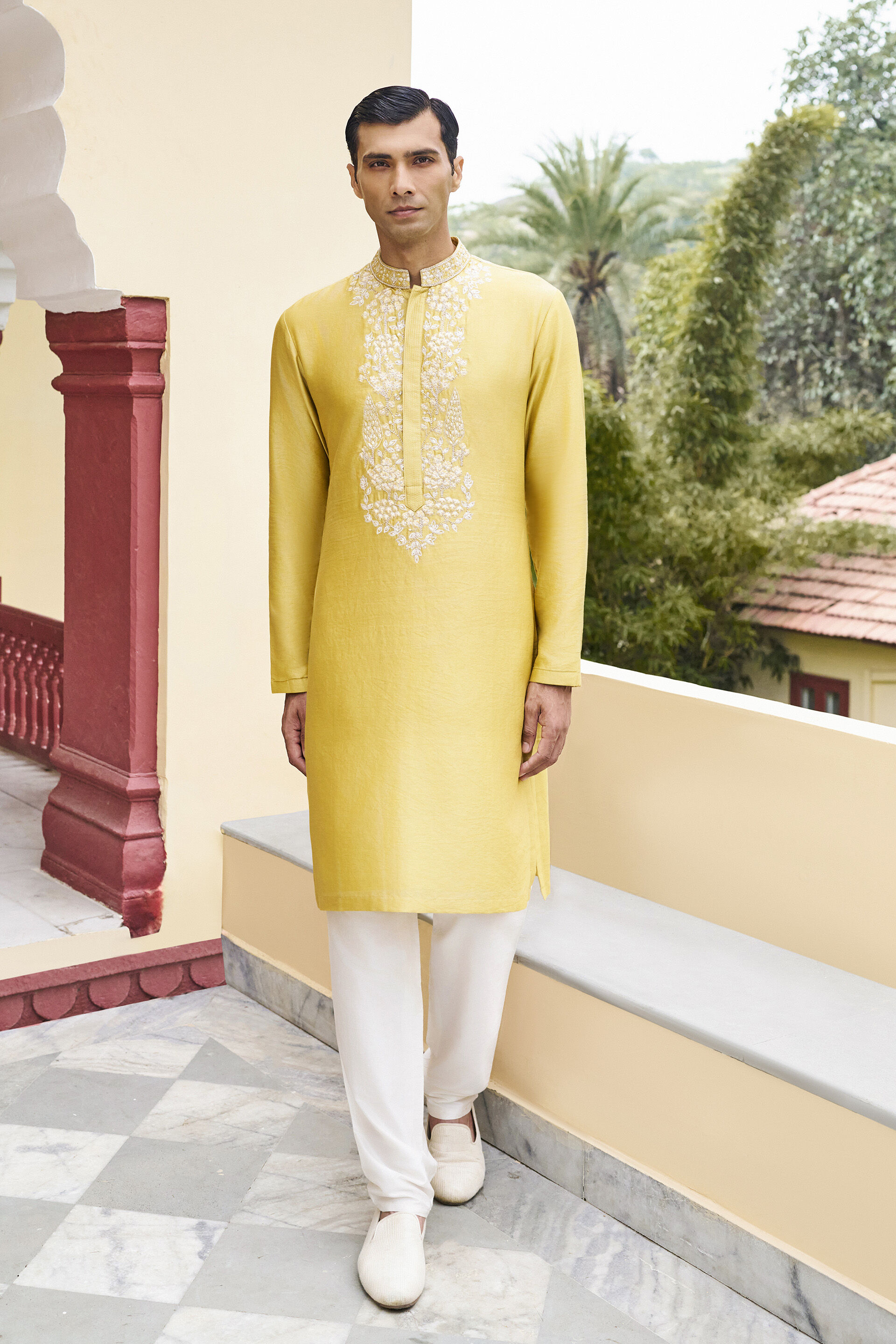 Sun-dappled Embroidered Mul Kurta - Mustard