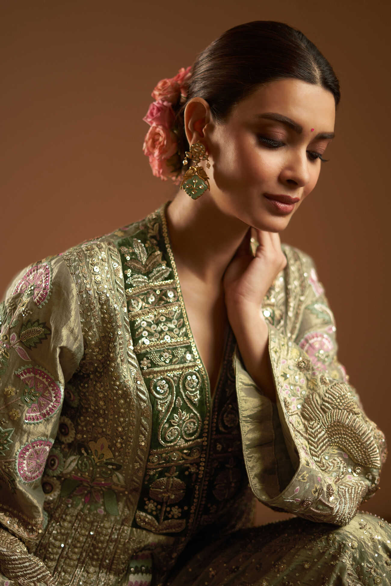 Melody Of The Flowers Embroidered Zardozi Sharara Set - Sage, , image 3