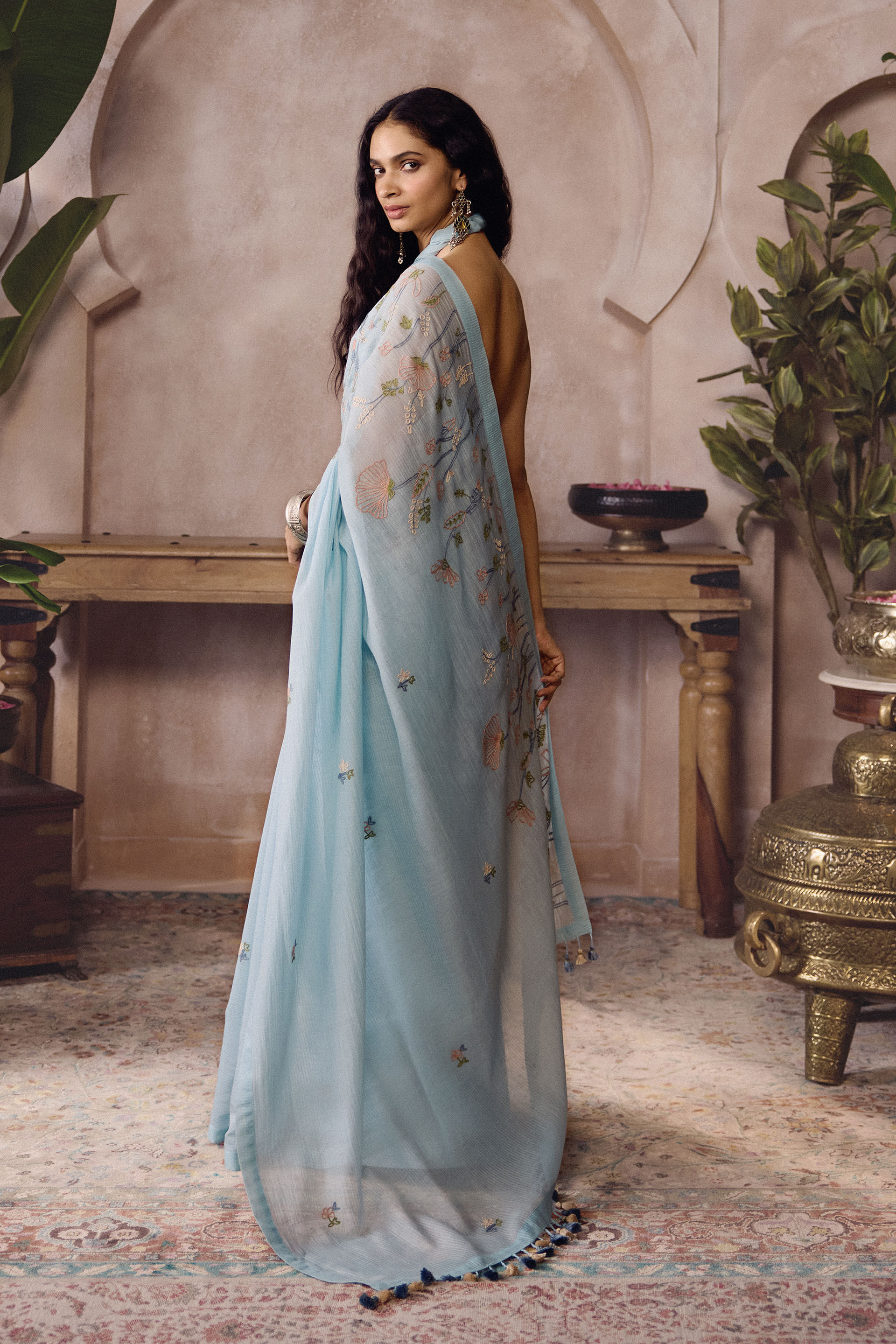 Canouah Hand-embroidered SEWA Saree - Powder Blue