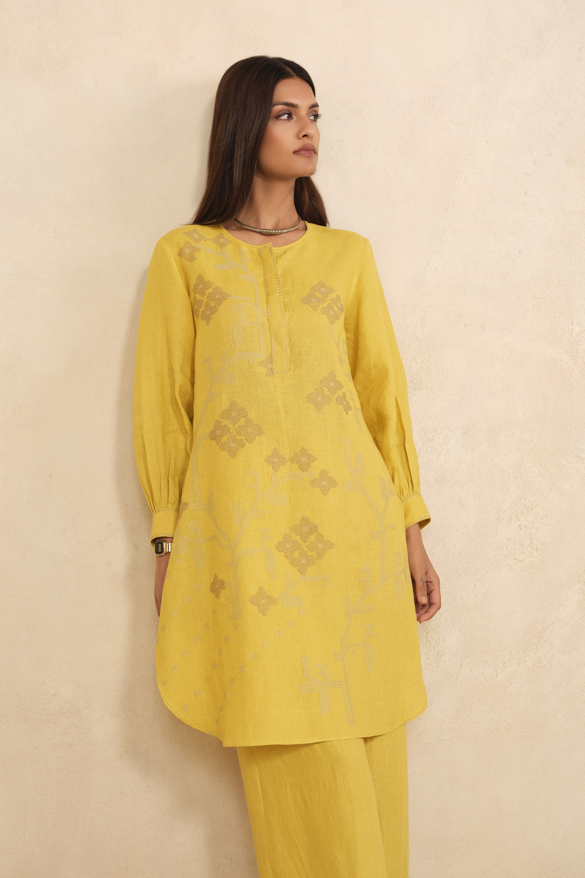 Haiku Embroidered Hemp Kurta Set - Yellow, Yellow, image 4